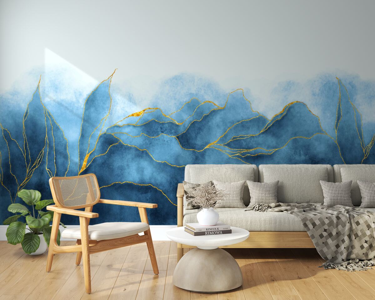 Papier peint Feuilles d'aquarelle en nuances de bleu