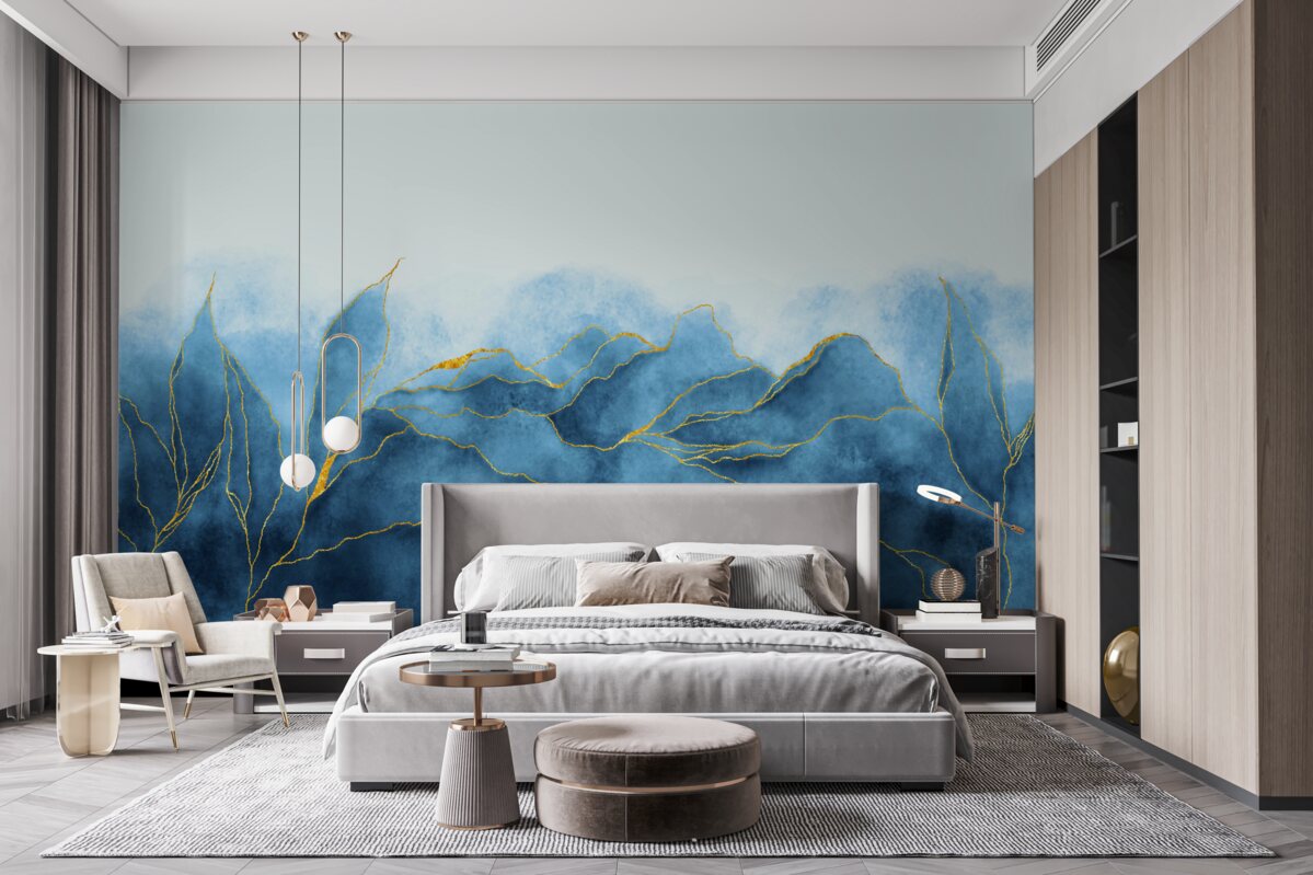 Papier peint Feuilles d'aquarelle en nuances de bleu