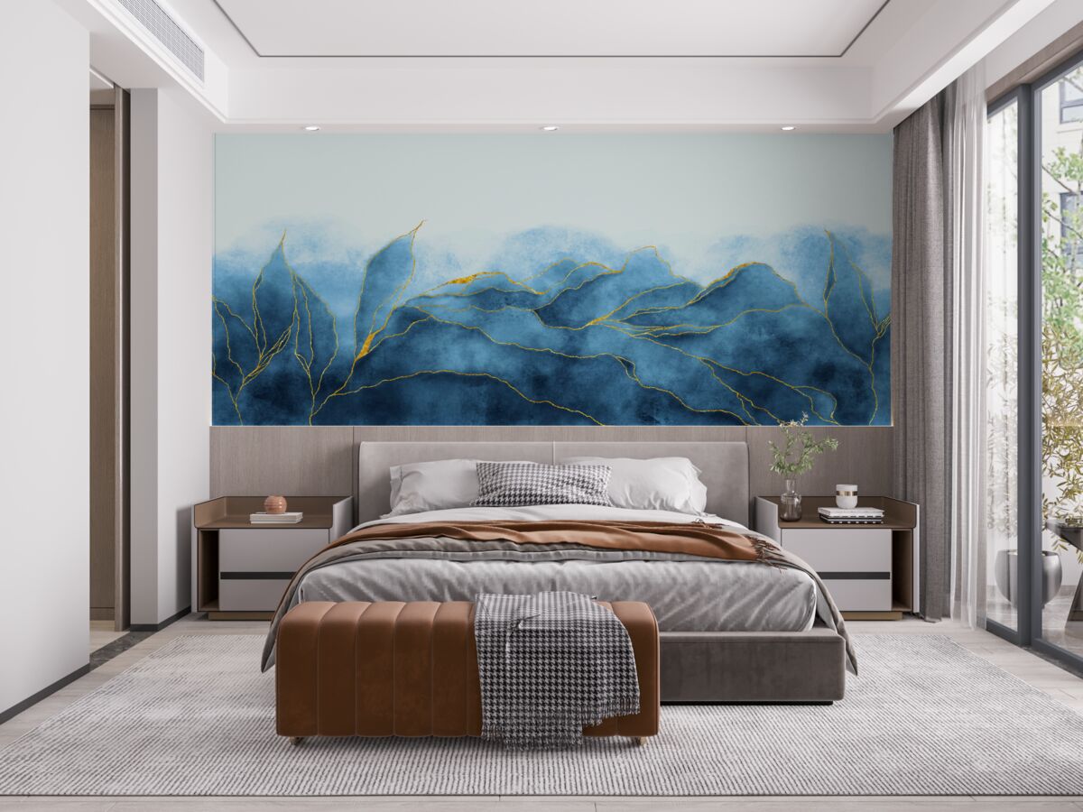 Papier peint Feuilles d'aquarelle en nuances de bleu