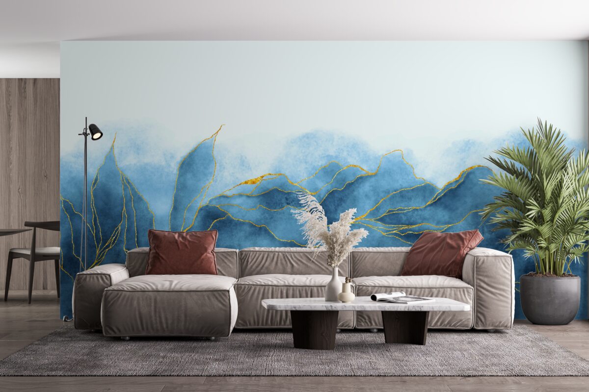 Papier peint Feuilles d'aquarelle en nuances de bleu