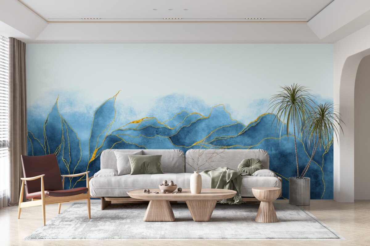 Papier peint Feuilles d'aquarelle en nuances de bleu