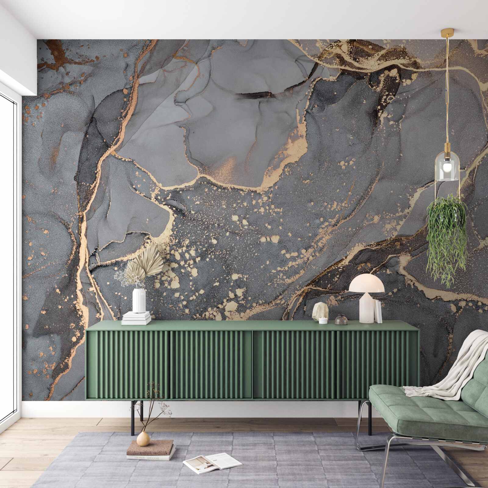 Papier peint création abstraite à l'aquarelle dans les tons gris et or