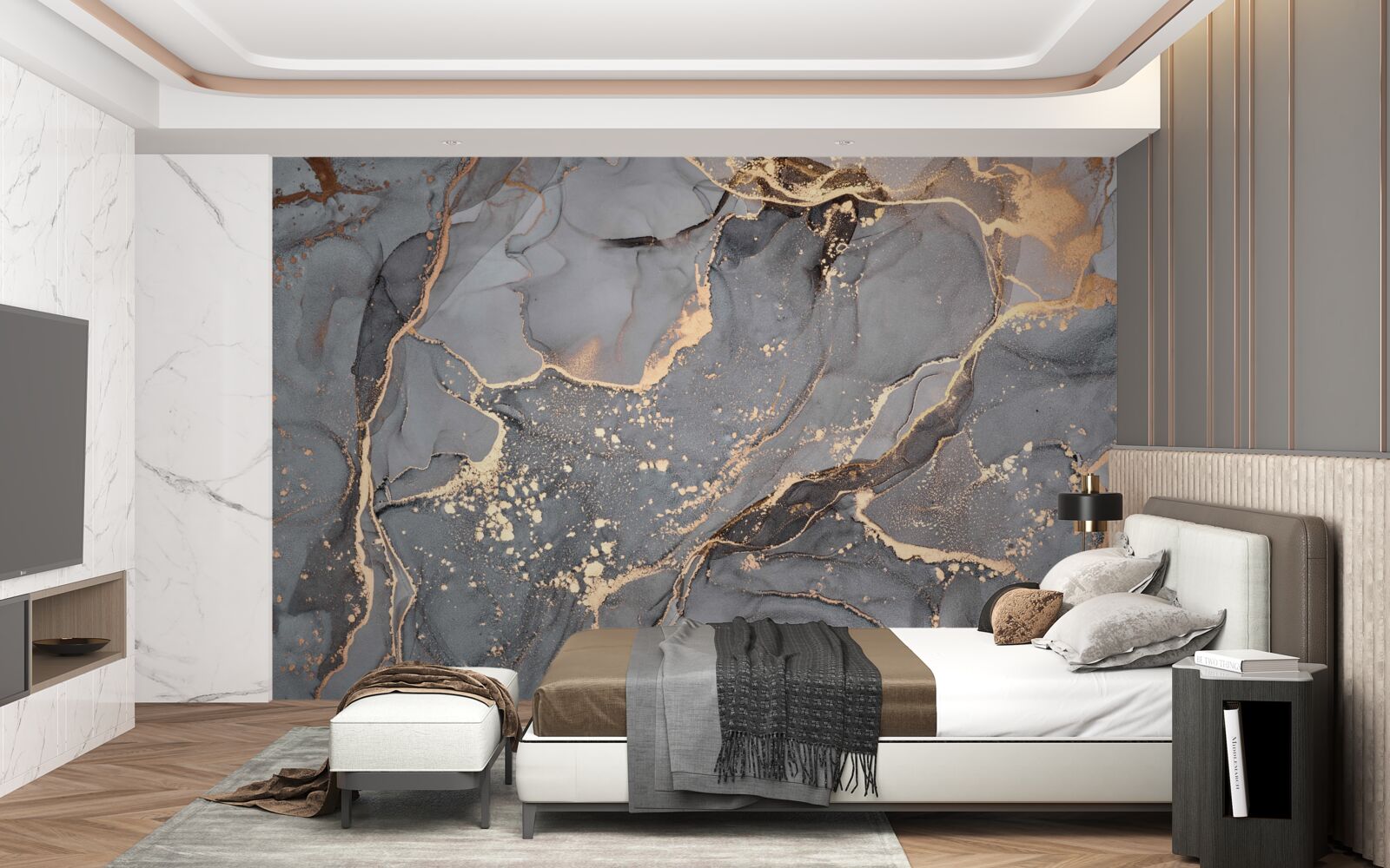 Papier peint création abstraite à l'aquarelle dans les tons gris et or