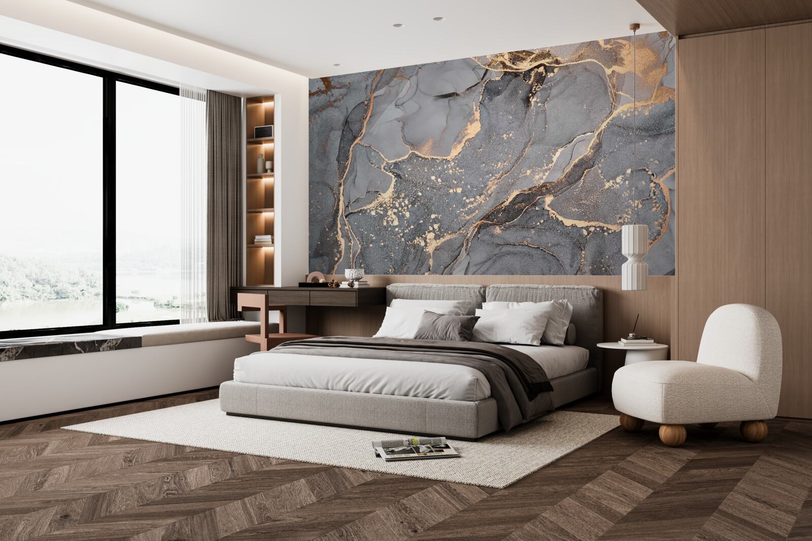 Papier peint création abstraite à l'aquarelle dans les tons gris et or