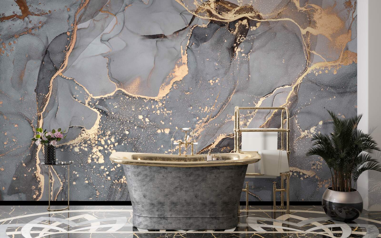 Papier peint création abstraite à l'aquarelle dans les tons gris et or