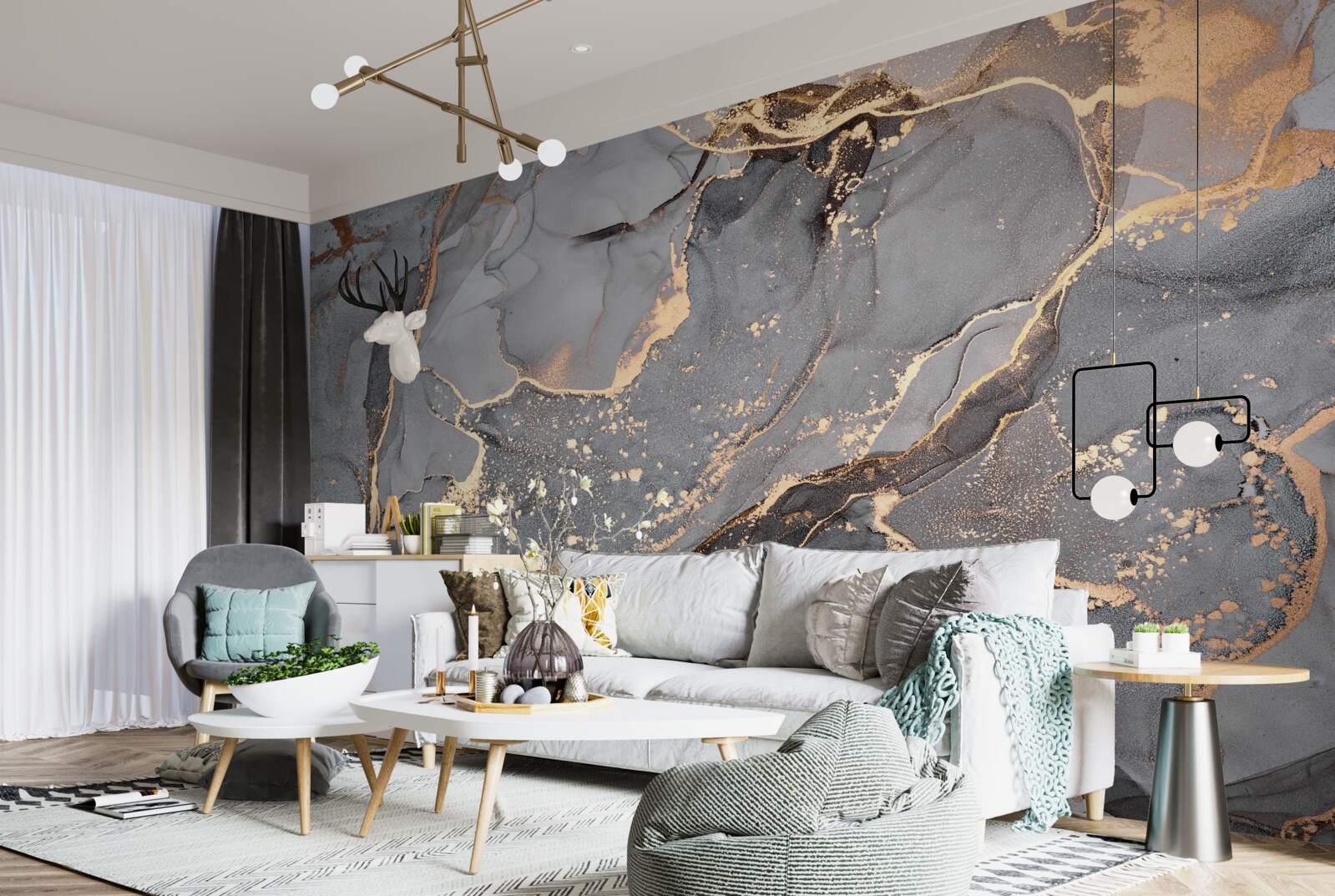 Papier peint création abstraite à l'aquarelle dans les tons gris et or