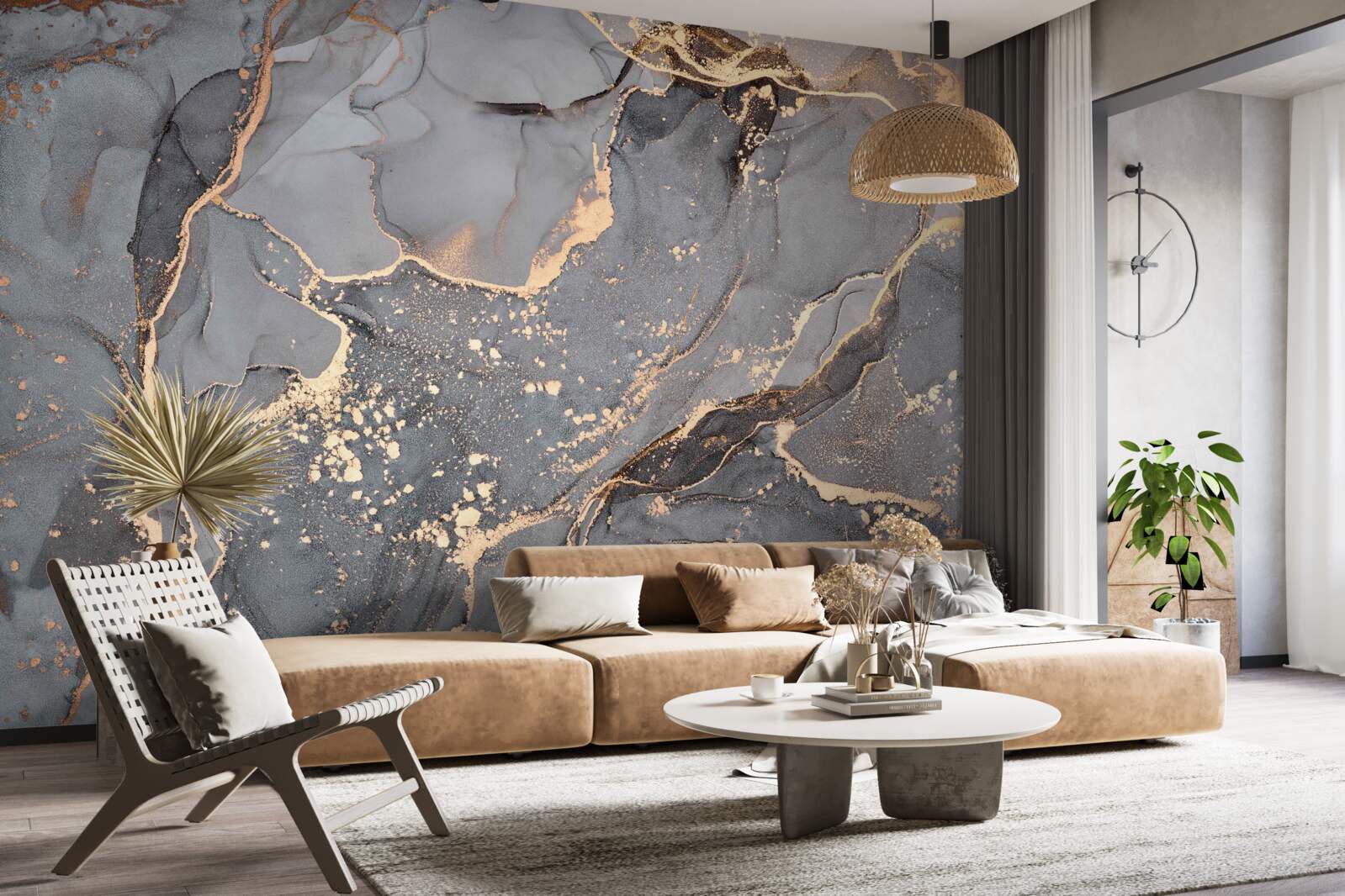 Papier peint création abstraite à l'aquarelle dans les tons gris et or