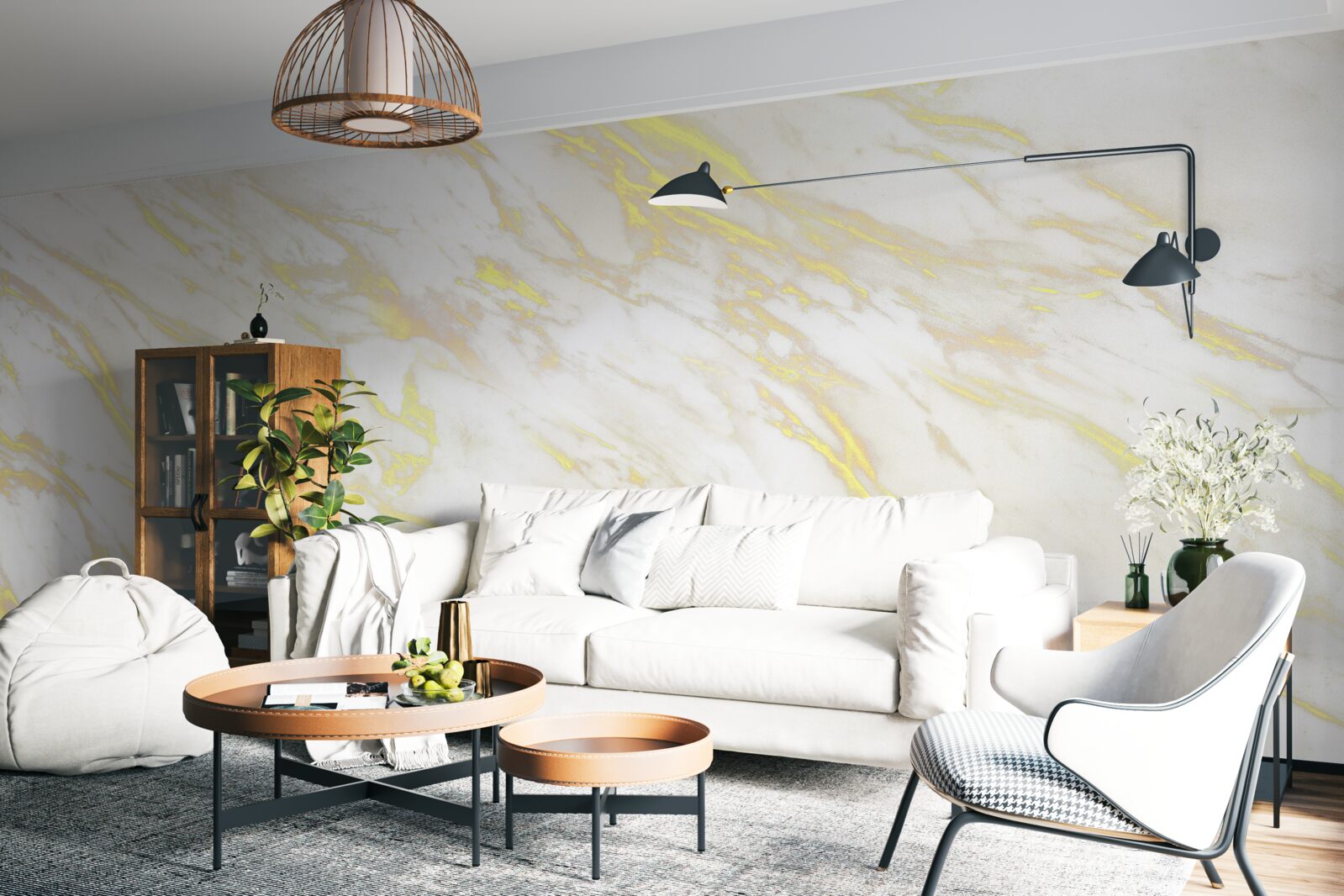 Papier peint marbre blanc avec teinte dorée