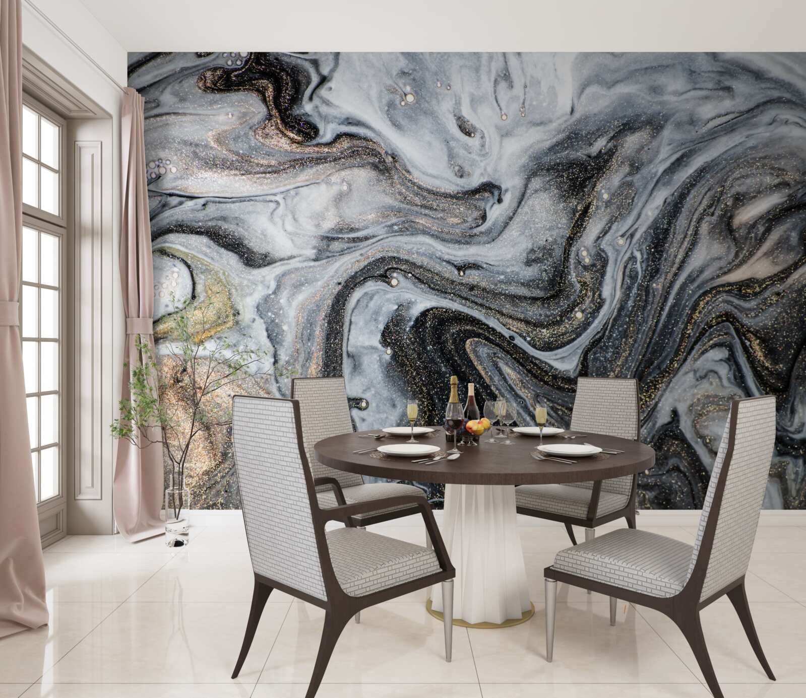 Papier peint marbre noir veiné d'or