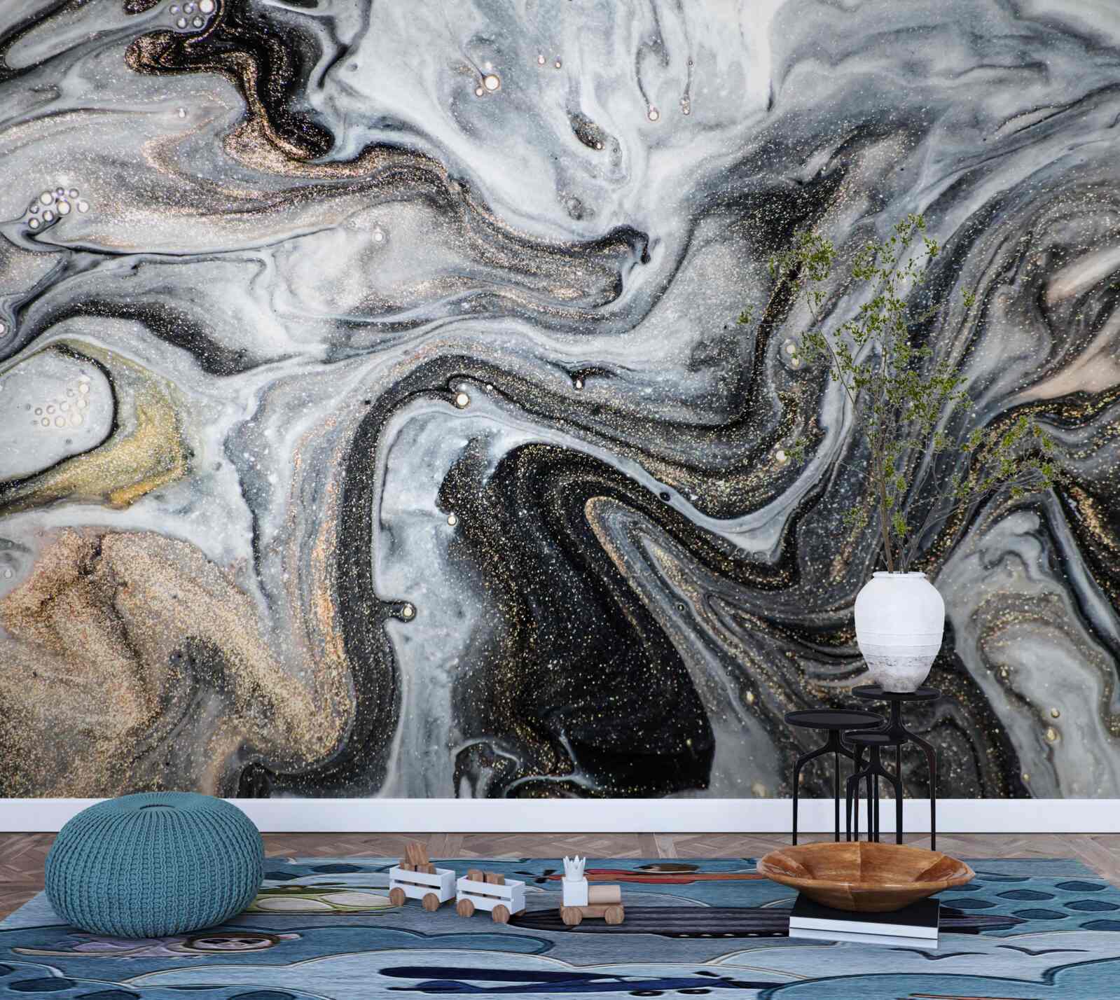Papier peint marbre noir veiné d'or