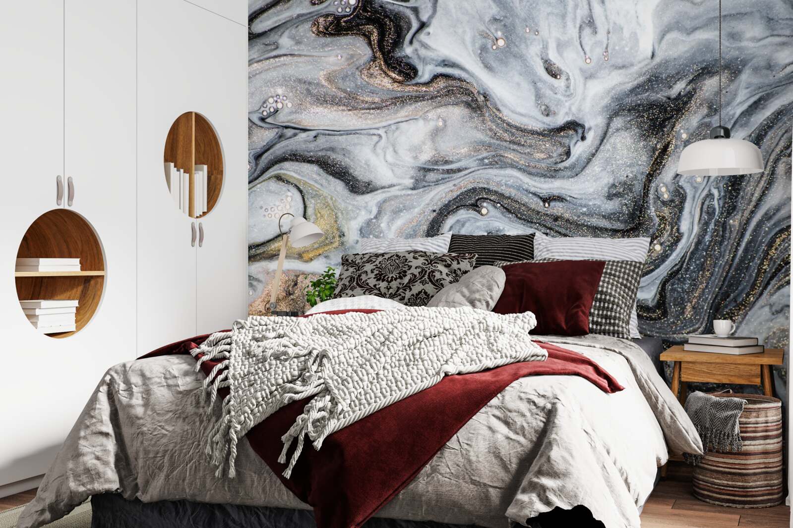 Papier peint marbre noir veiné d'or