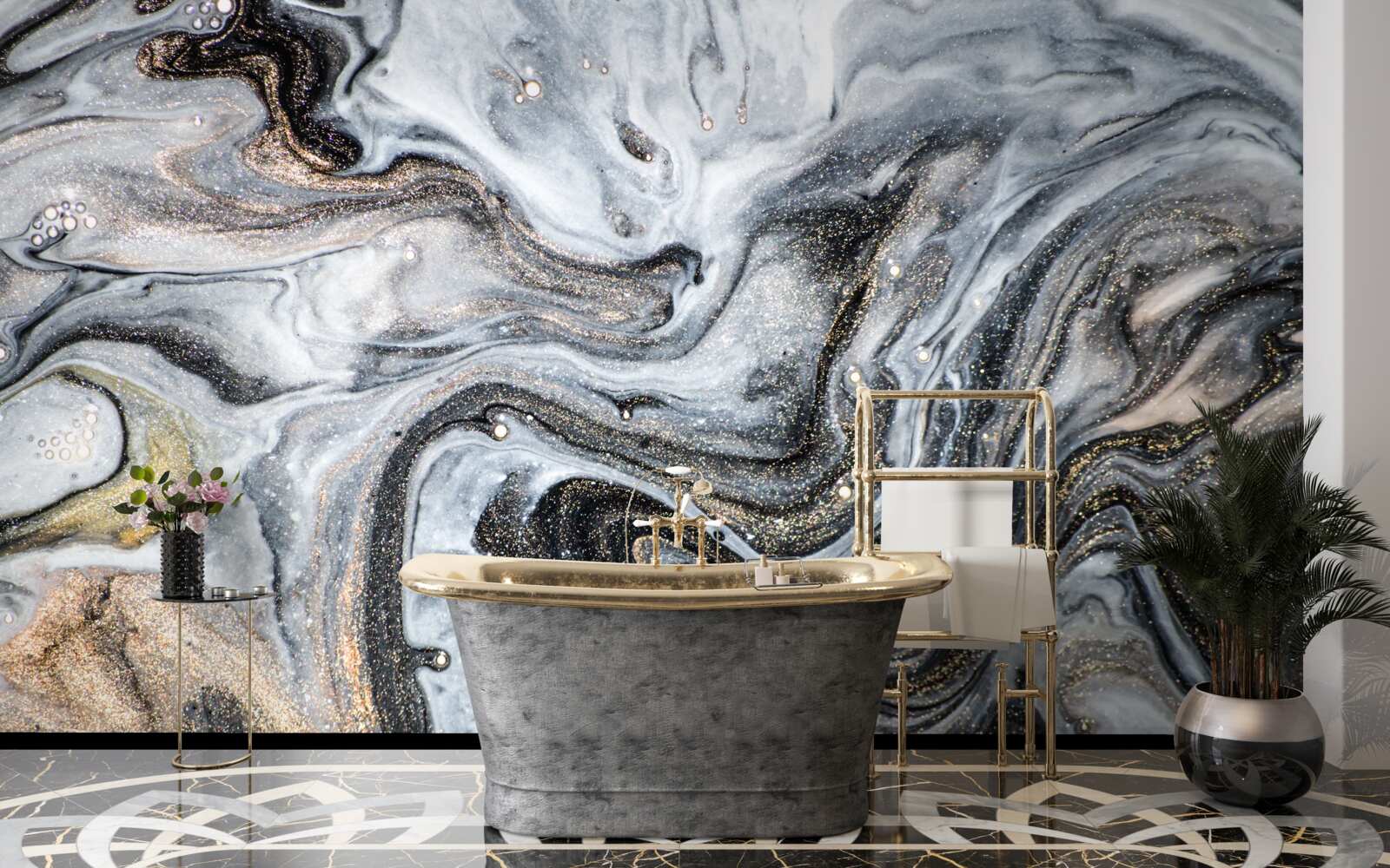 Papier peint marbre noir veiné d'or