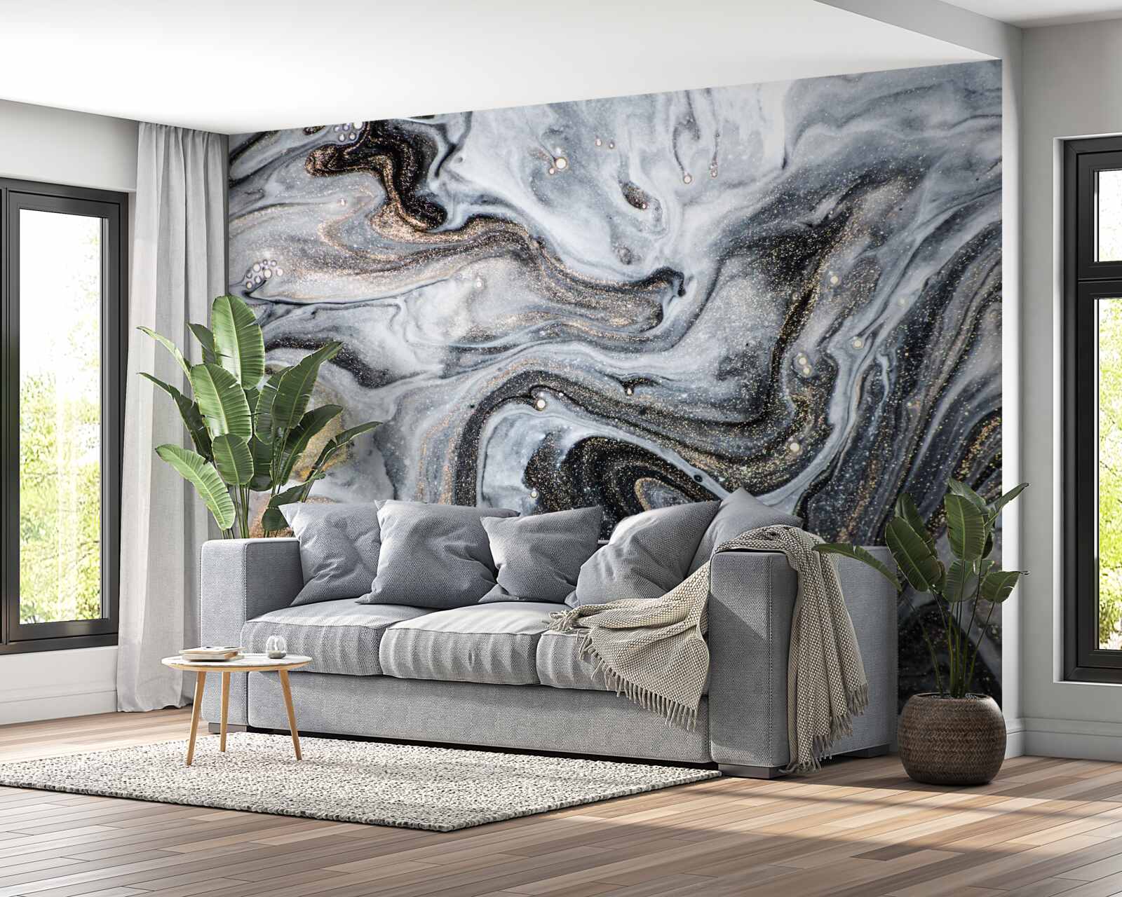 Papier peint marbre noir veiné d'or