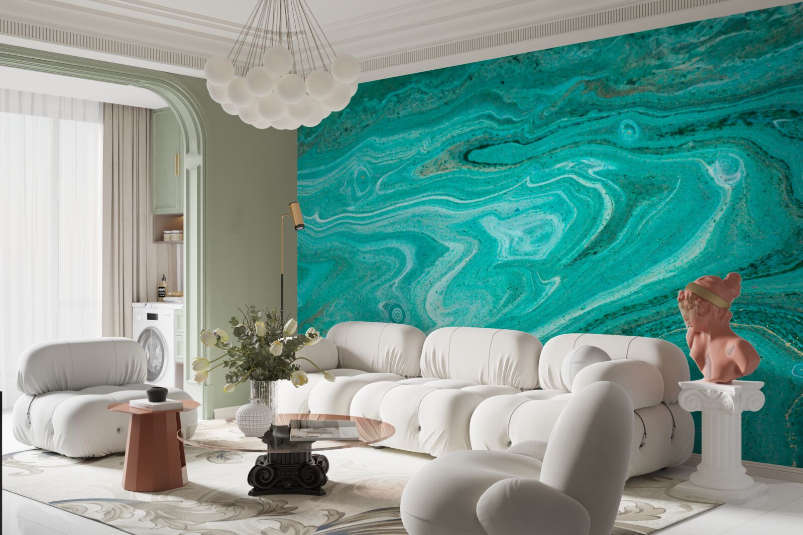 Papier peint marbre dans les tons vert clair