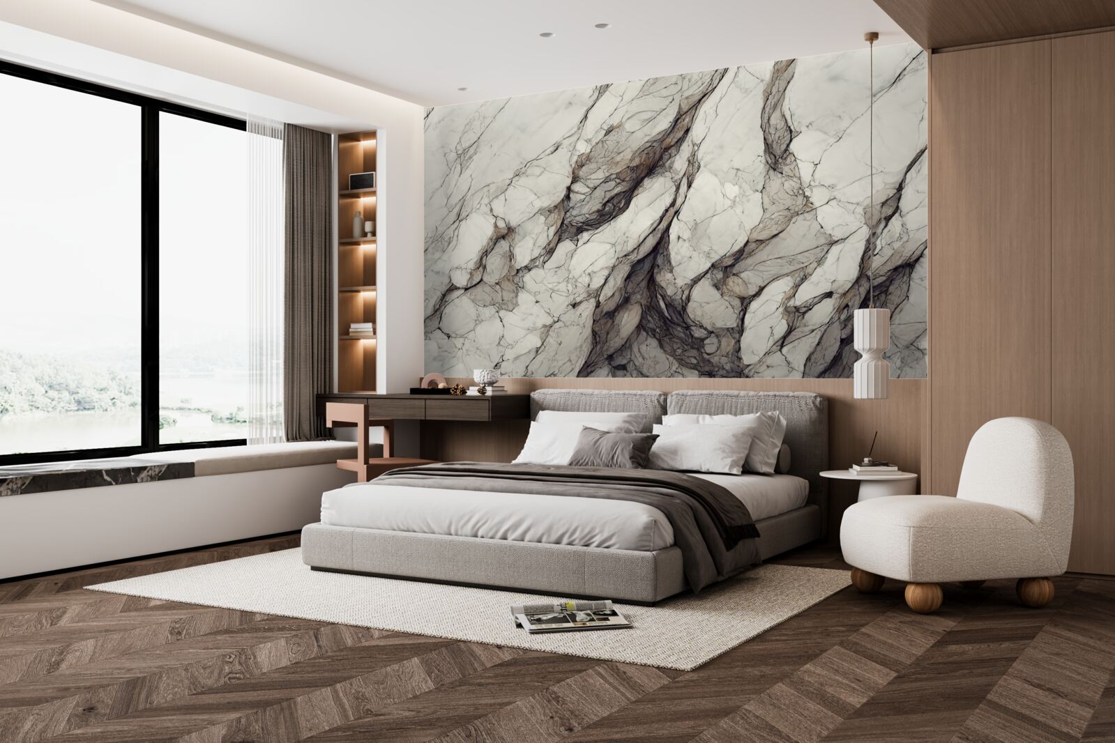 Papier peint marbre blanc avec cloisons grises