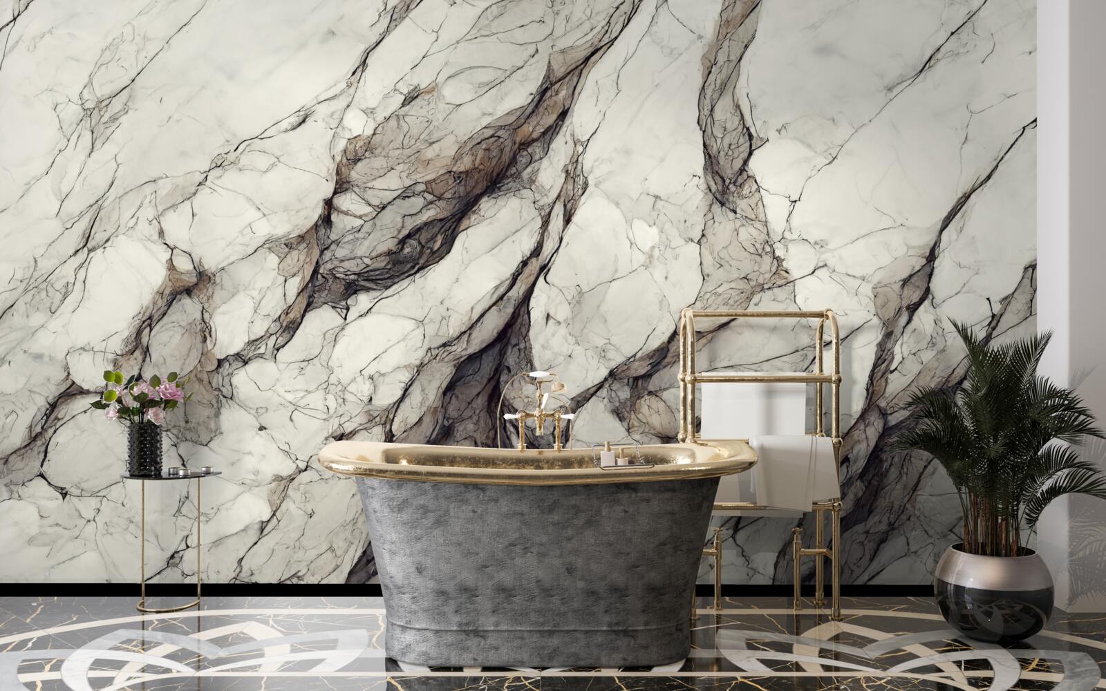 Papier peint marbre blanc avec cloisons grises