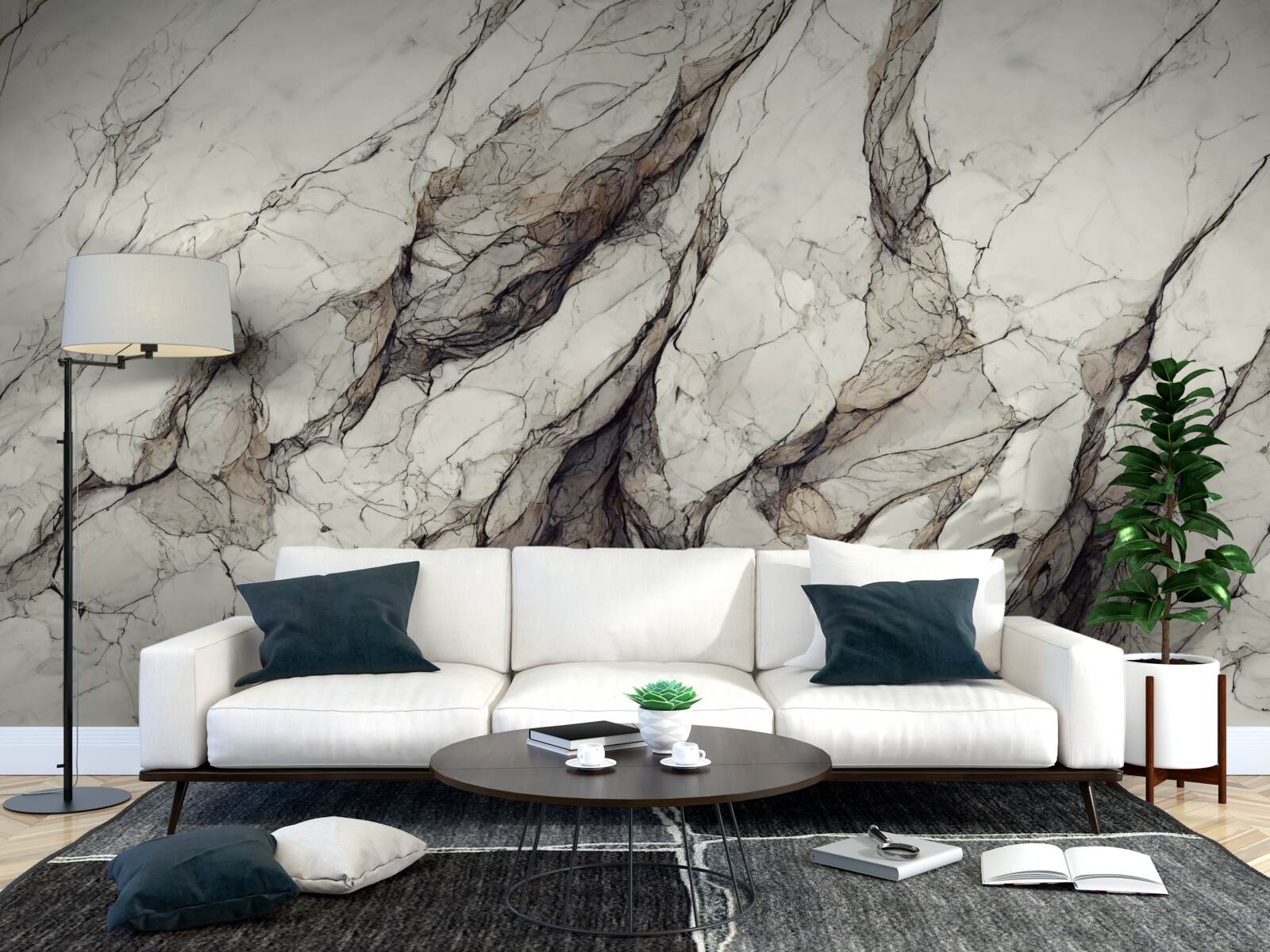 Papier peint marbre blanc avec cloisons grises