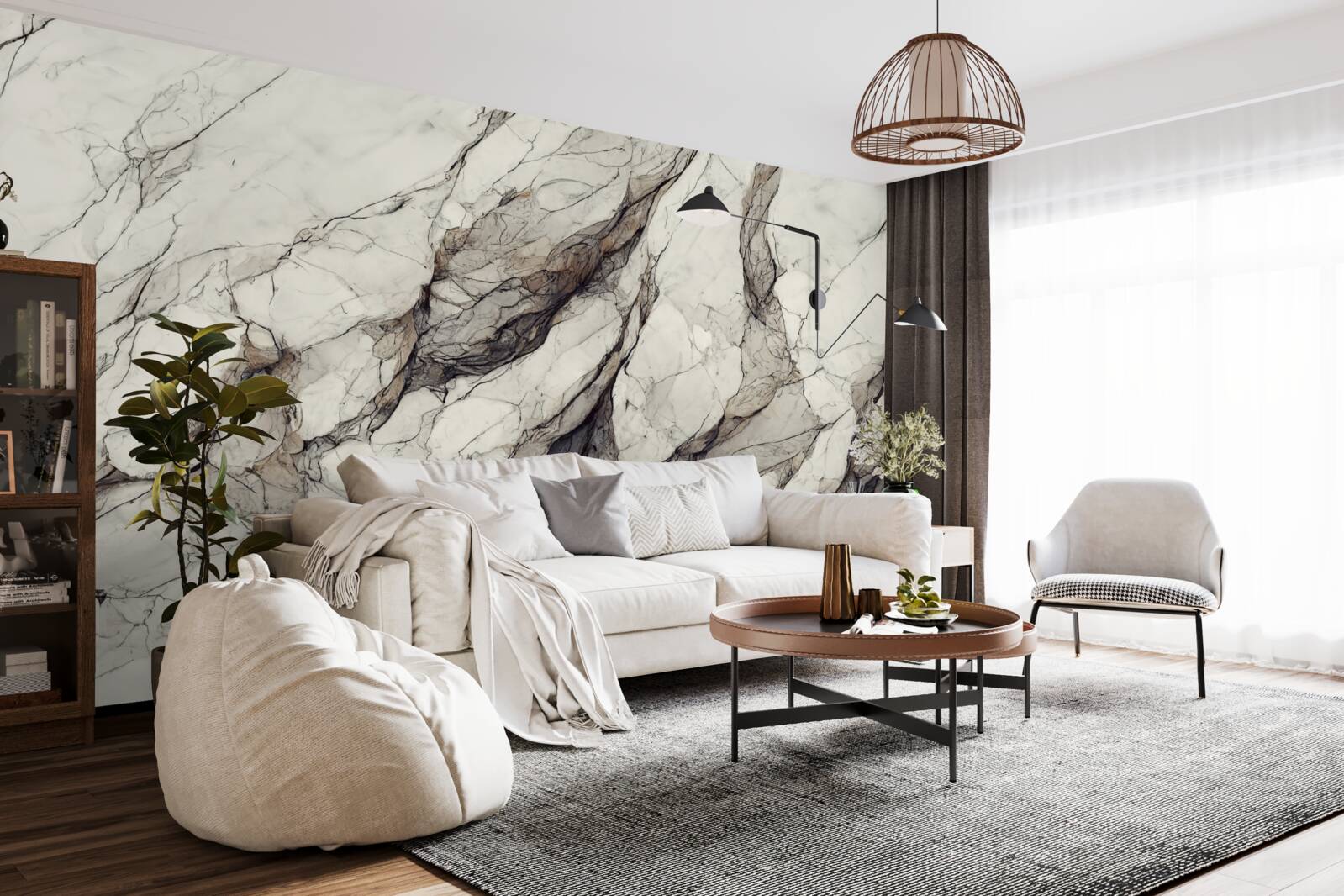 Papier peint marbre blanc avec cloisons grises