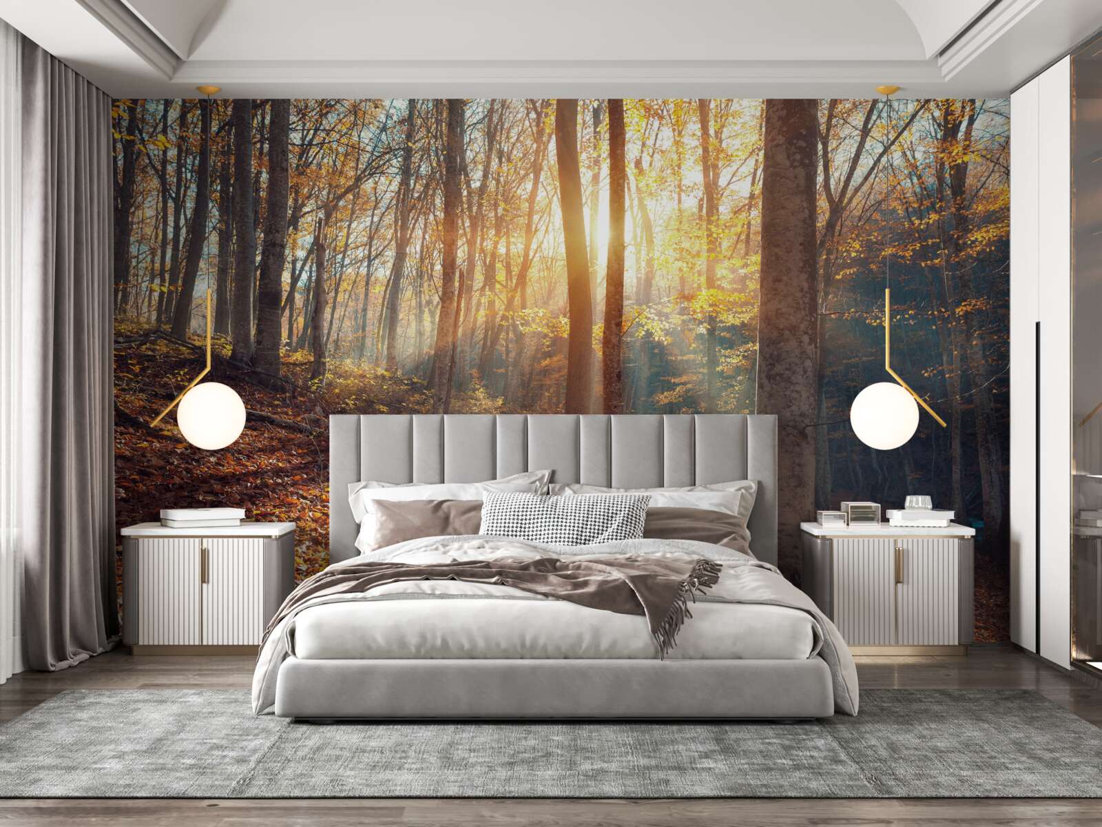 Papier peint la forêt matinale enveloppée de brume ressent la chaleur du soleil