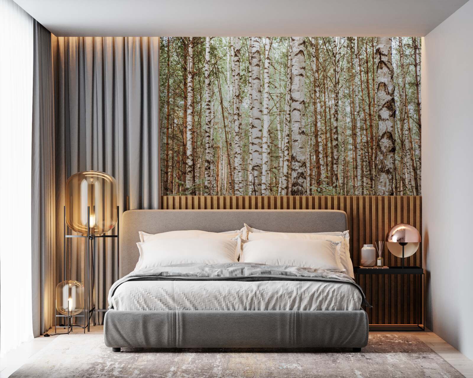 Papier peint les bouleaux de traîneau se dressent dans une forêt verdoyante