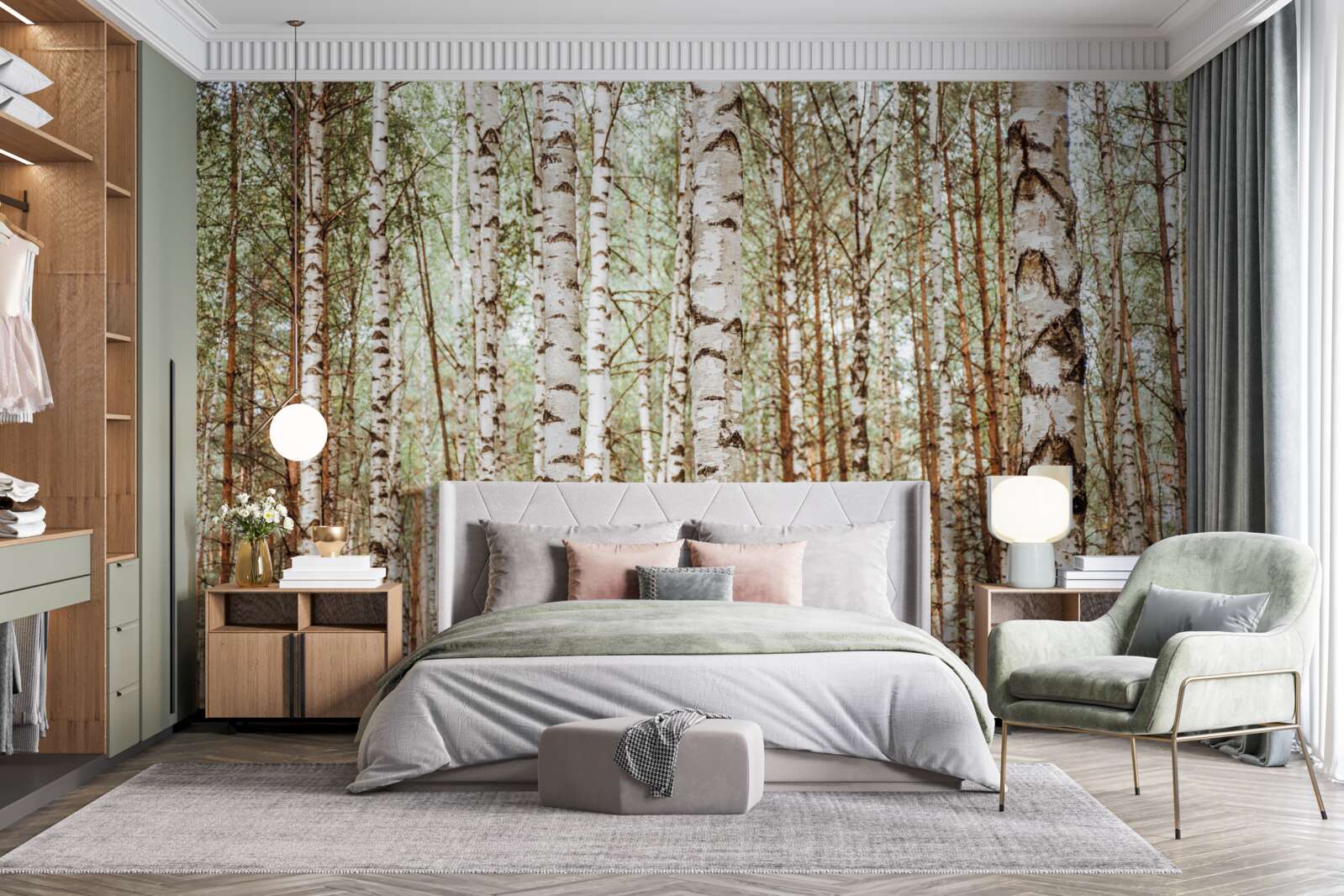 Papier peint les bouleaux de traîneau se dressent dans une forêt verdoyante