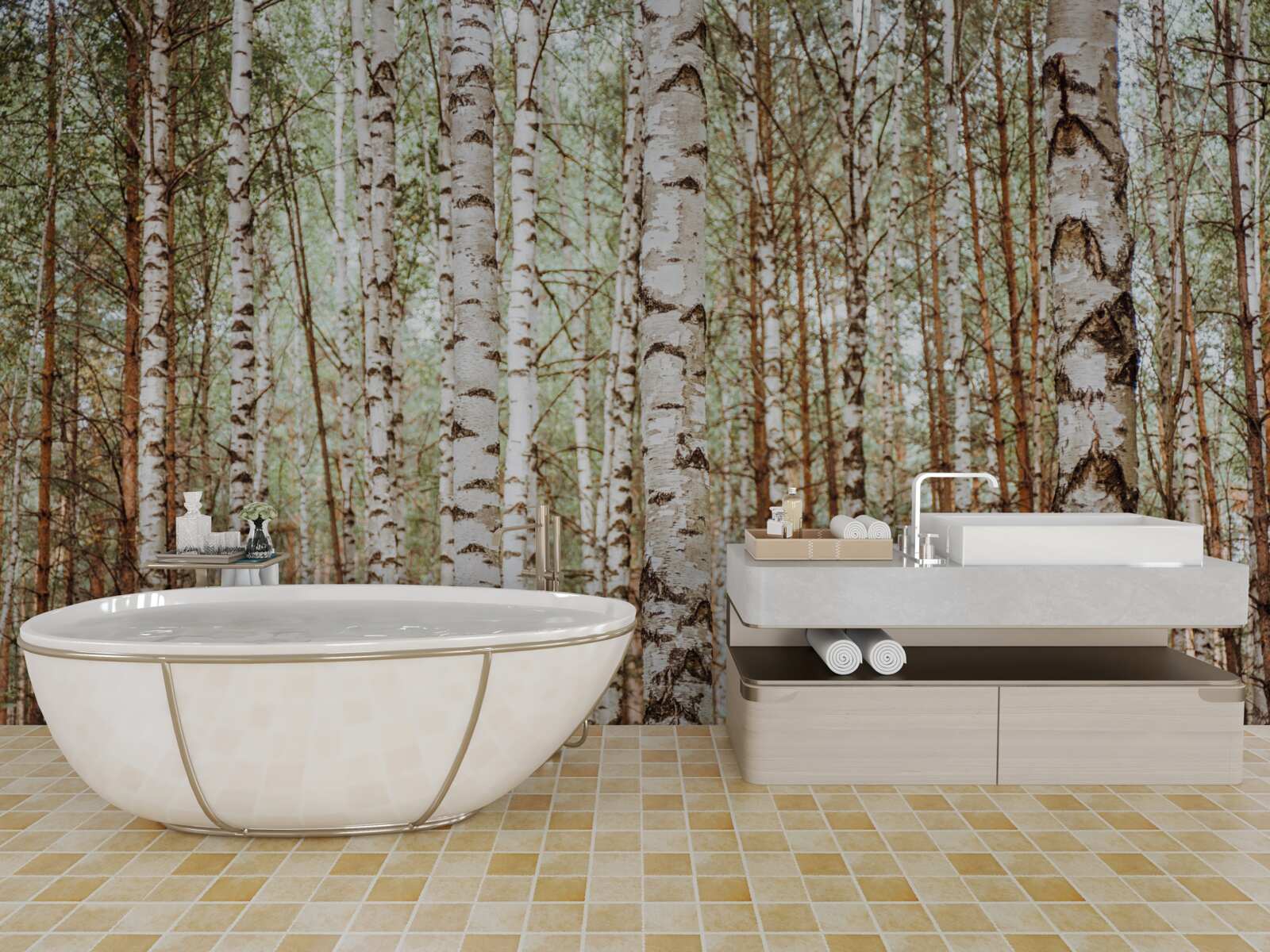 Papier peint les bouleaux de traîneau se dressent dans une forêt verdoyante