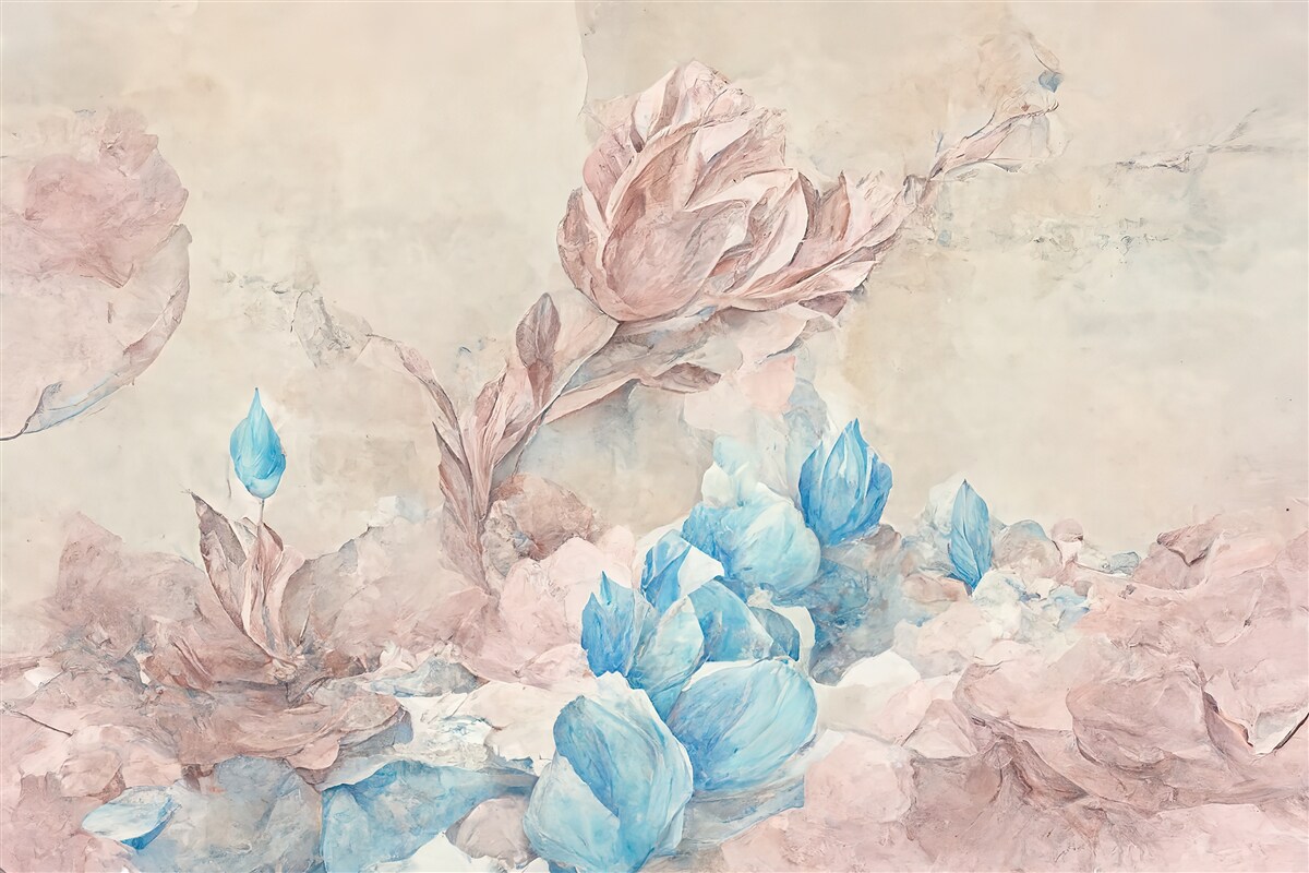 Papier peint fleurs roses à pétales bleus