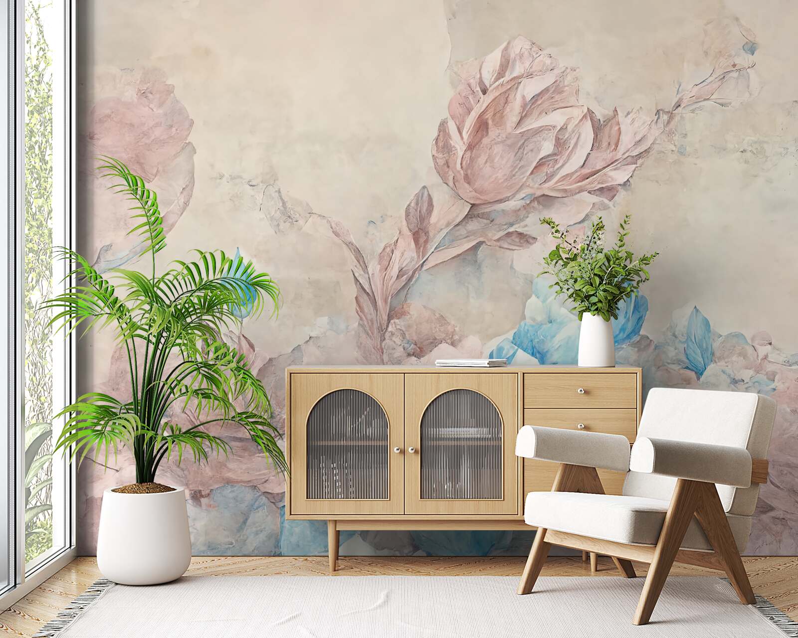 Papier peint fleurs roses à pétales bleus