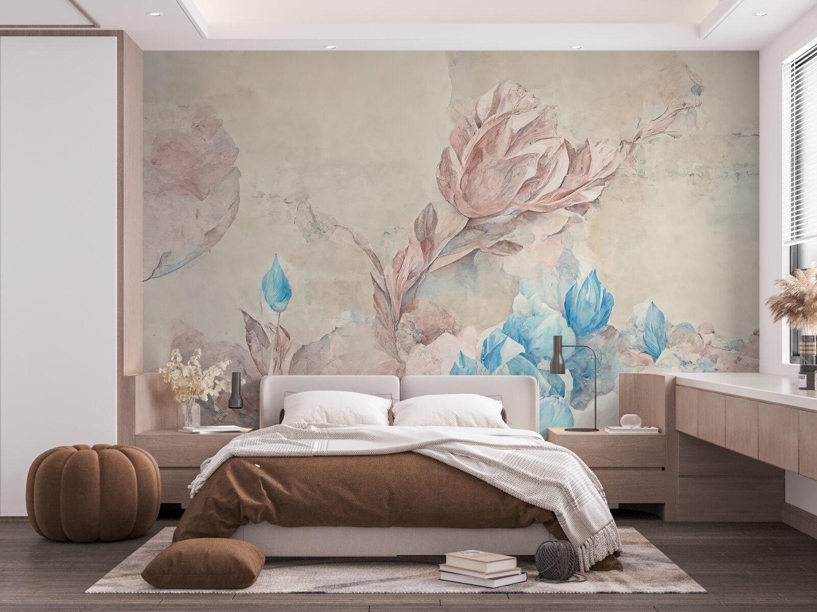 Papier peint fleurs roses à pétales bleus