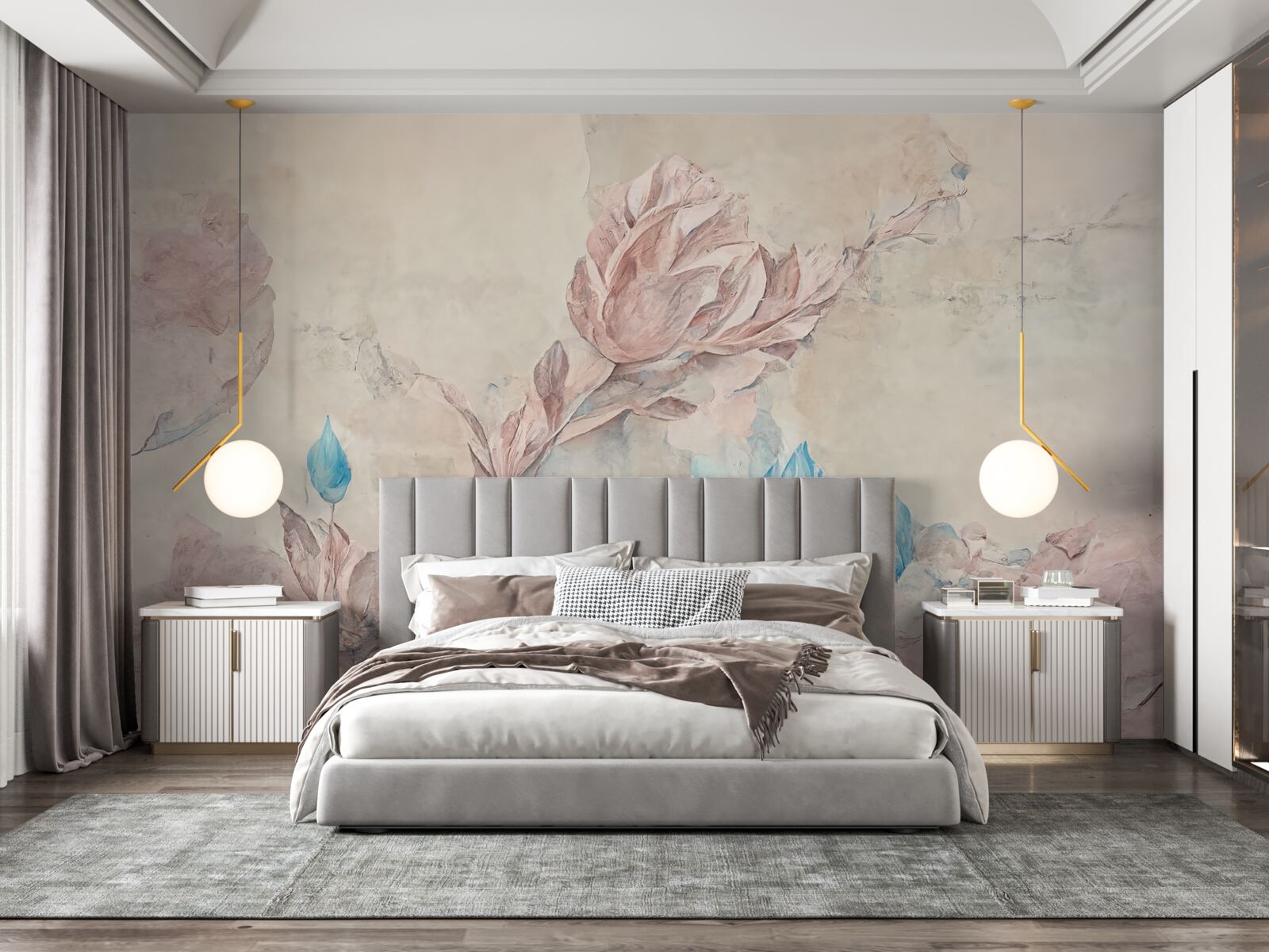 Papier peint fleurs roses à pétales bleus