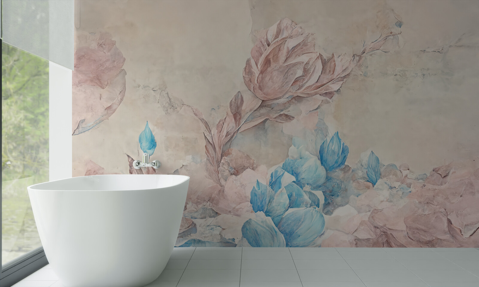 Papier peint fleurs roses à pétales bleus