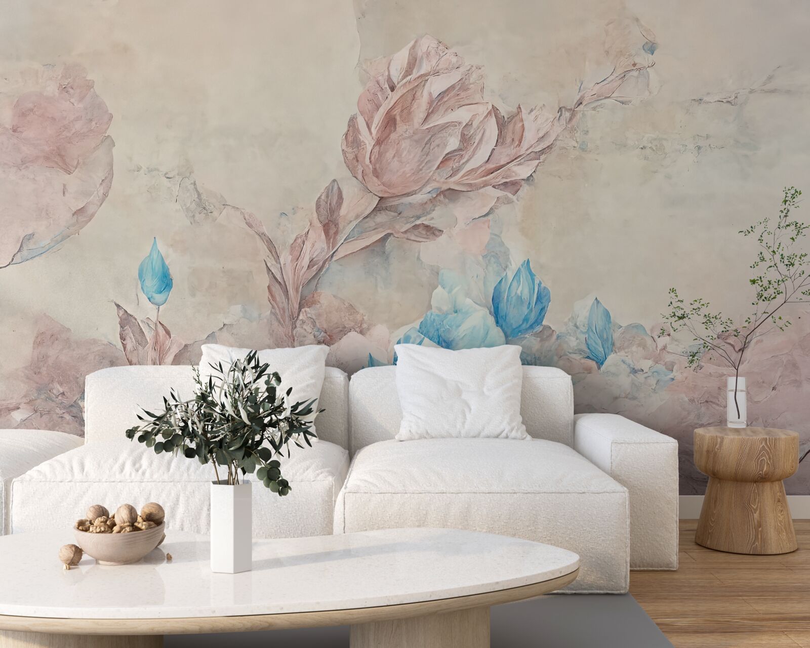 Papier peint fleurs roses à pétales bleus