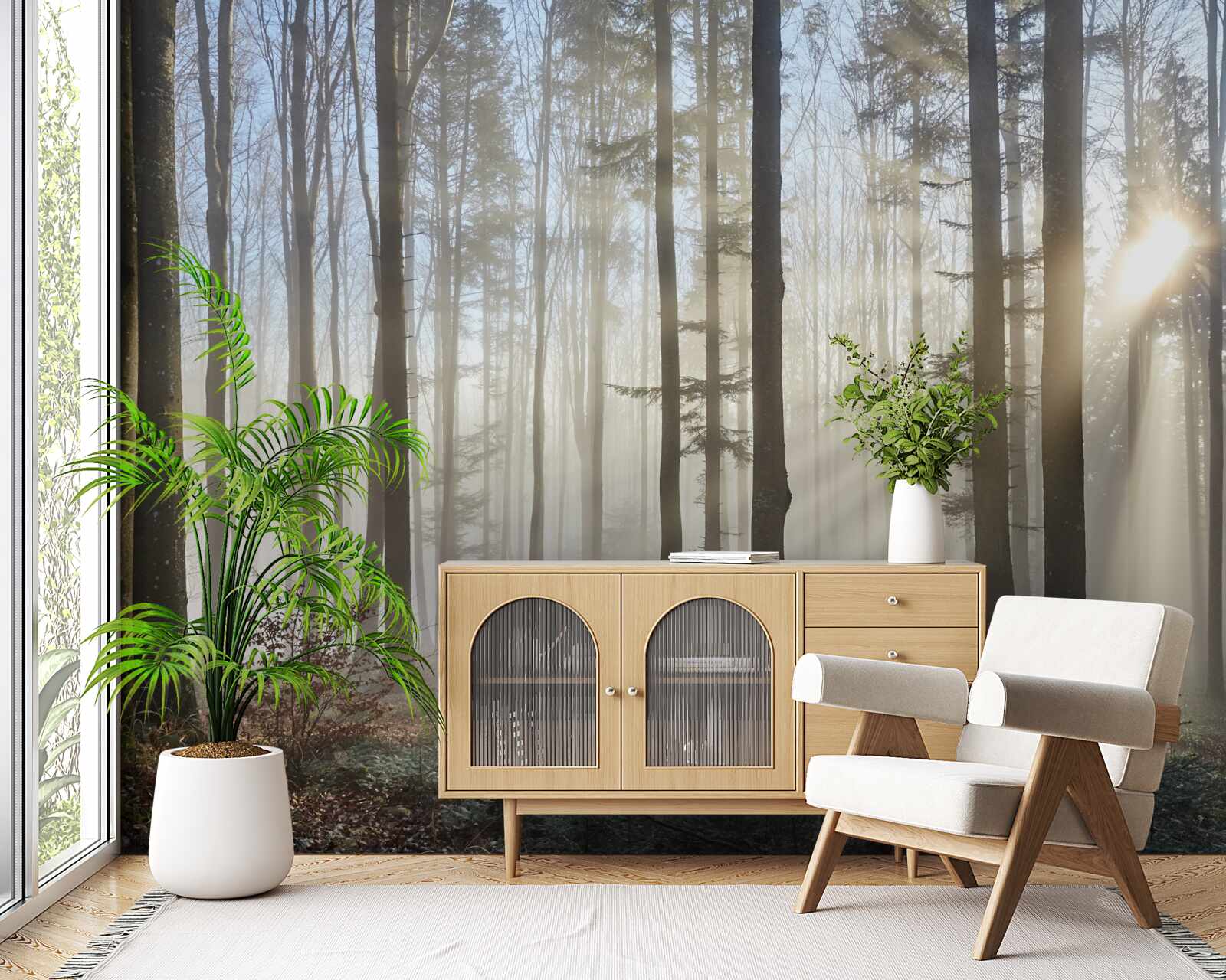 Papier peint les rayons du soleil percent la brume dans un bosquet d'arbres