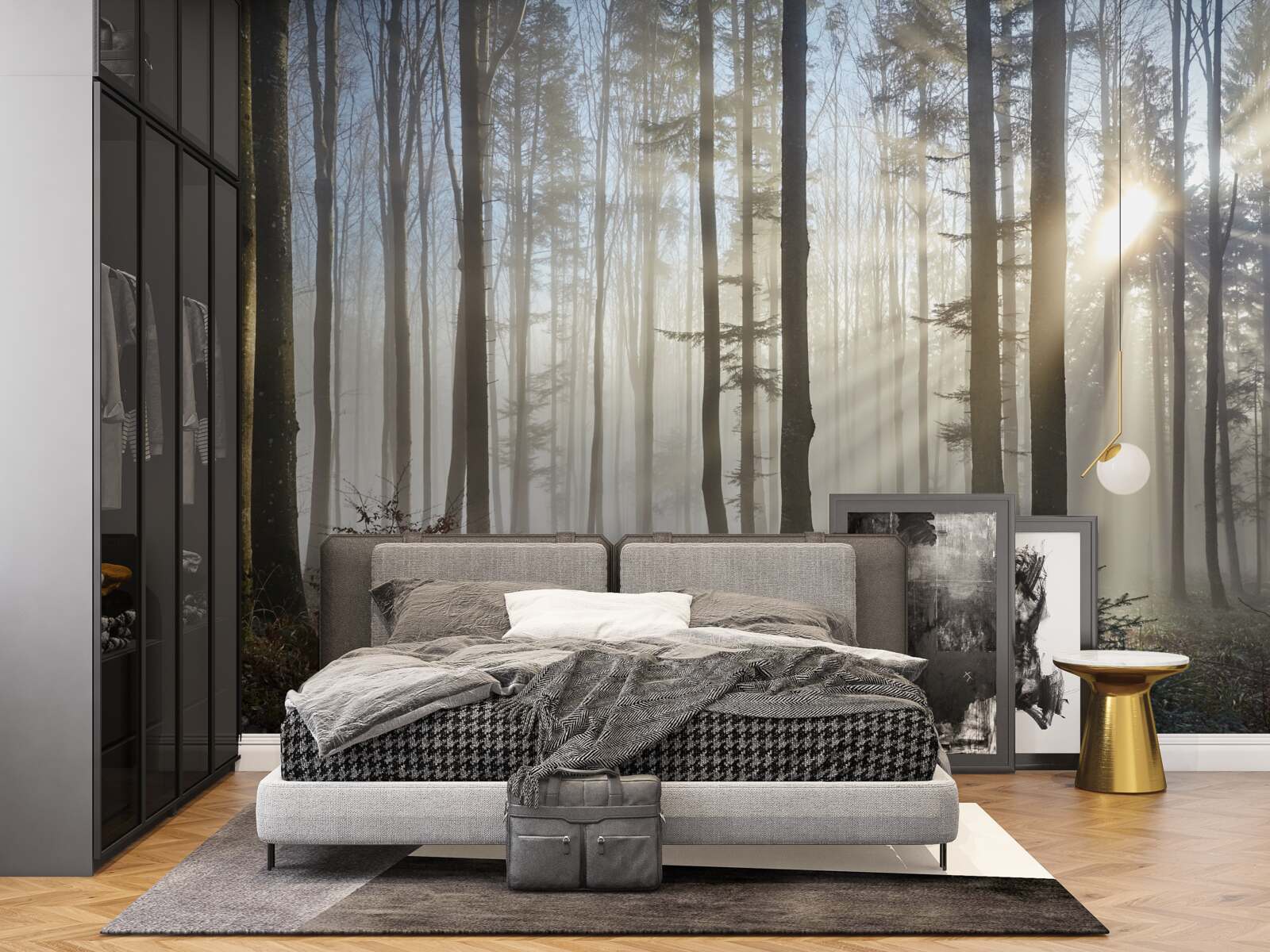 Papier peint les rayons du soleil percent la brume dans un bosquet d'arbres