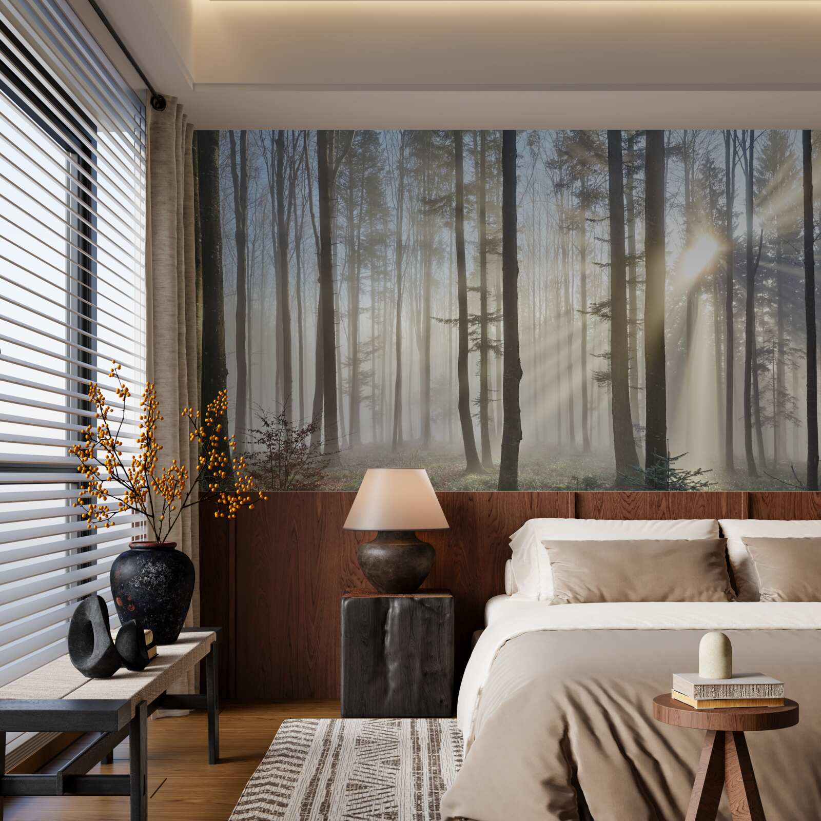 Papier peint les rayons du soleil percent la brume dans un bosquet d'arbres