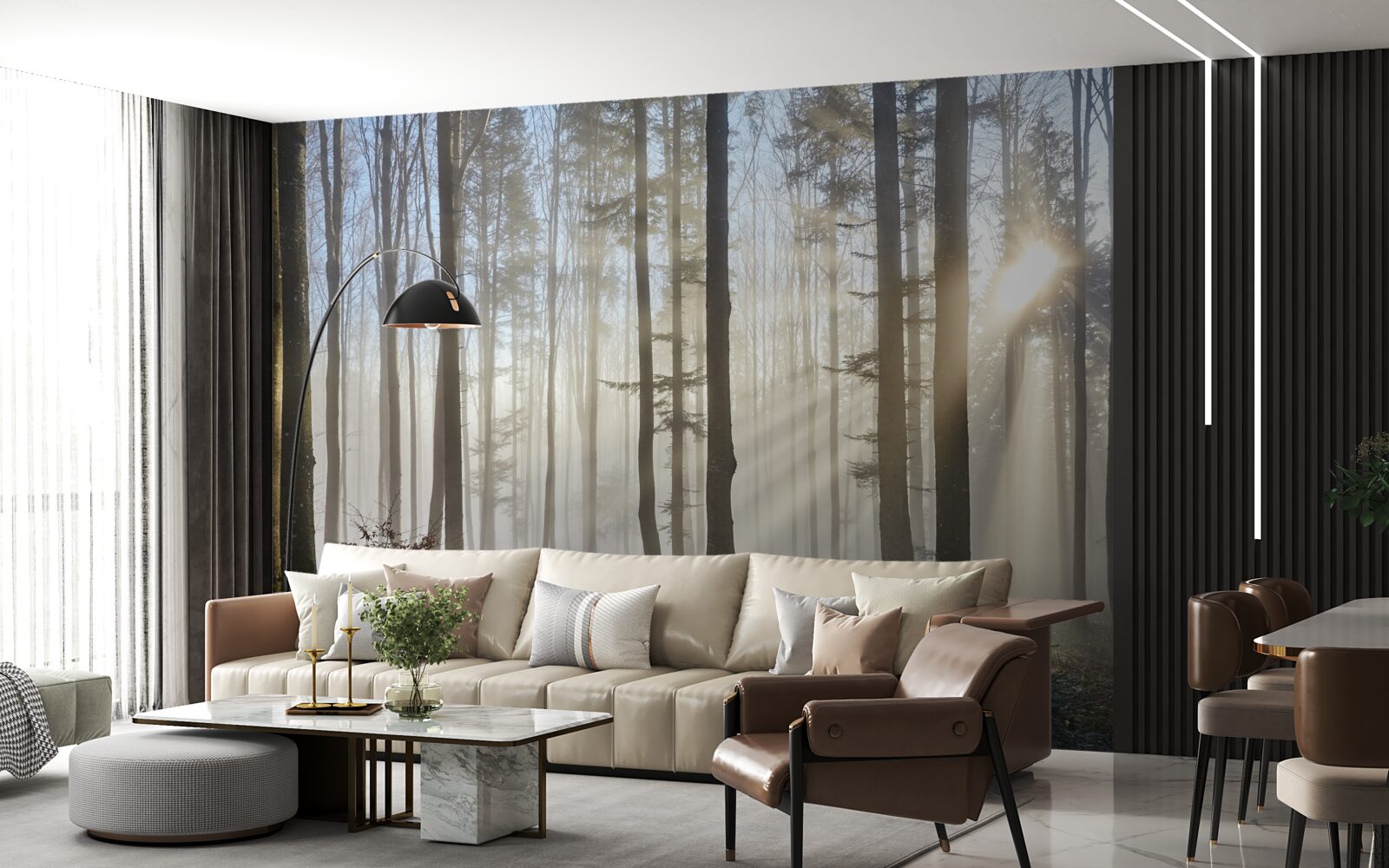 Papier peint les rayons du soleil percent la brume dans un bosquet d'arbres