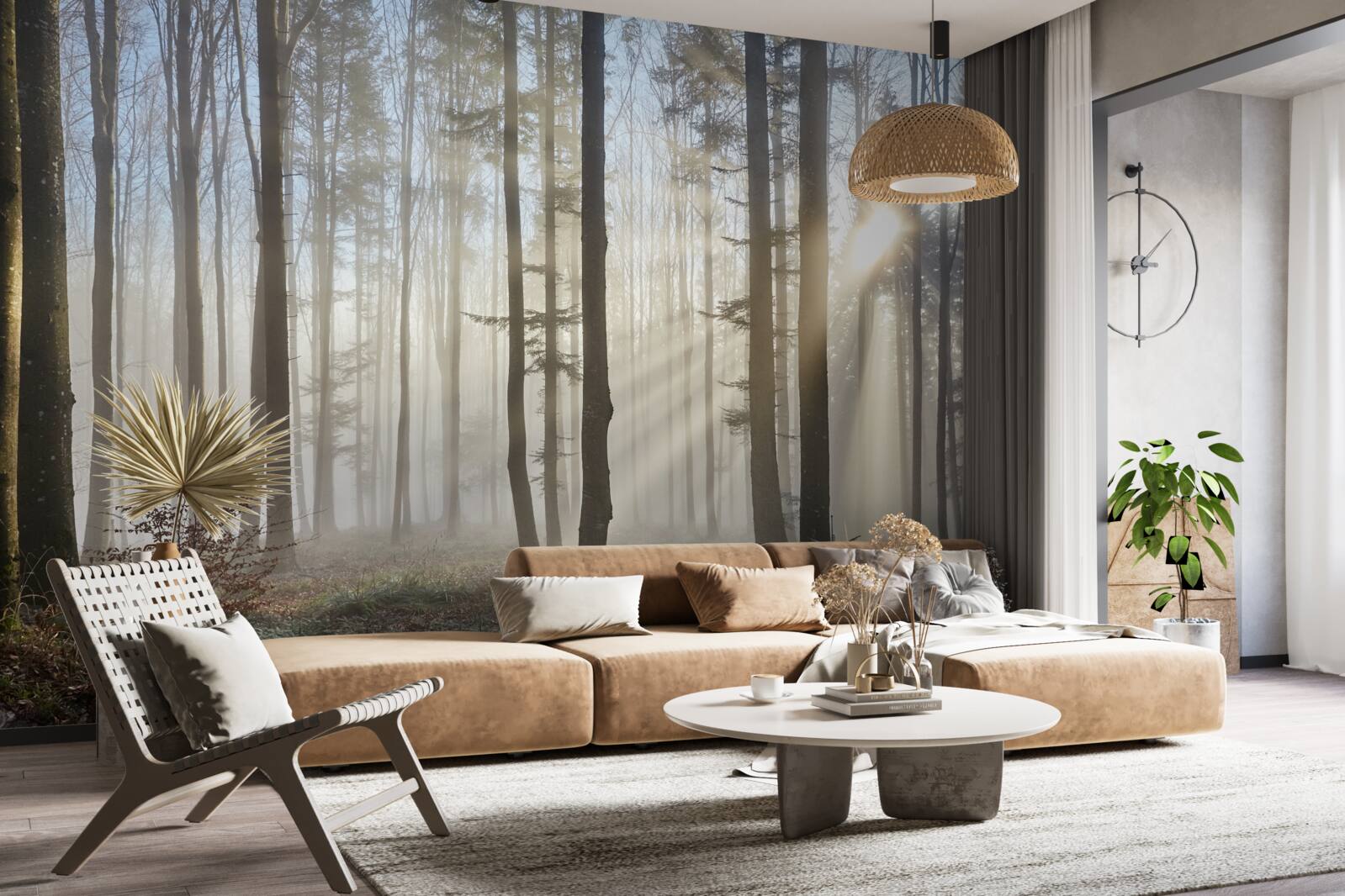 Papier peint les rayons du soleil percent la brume dans un bosquet d'arbres