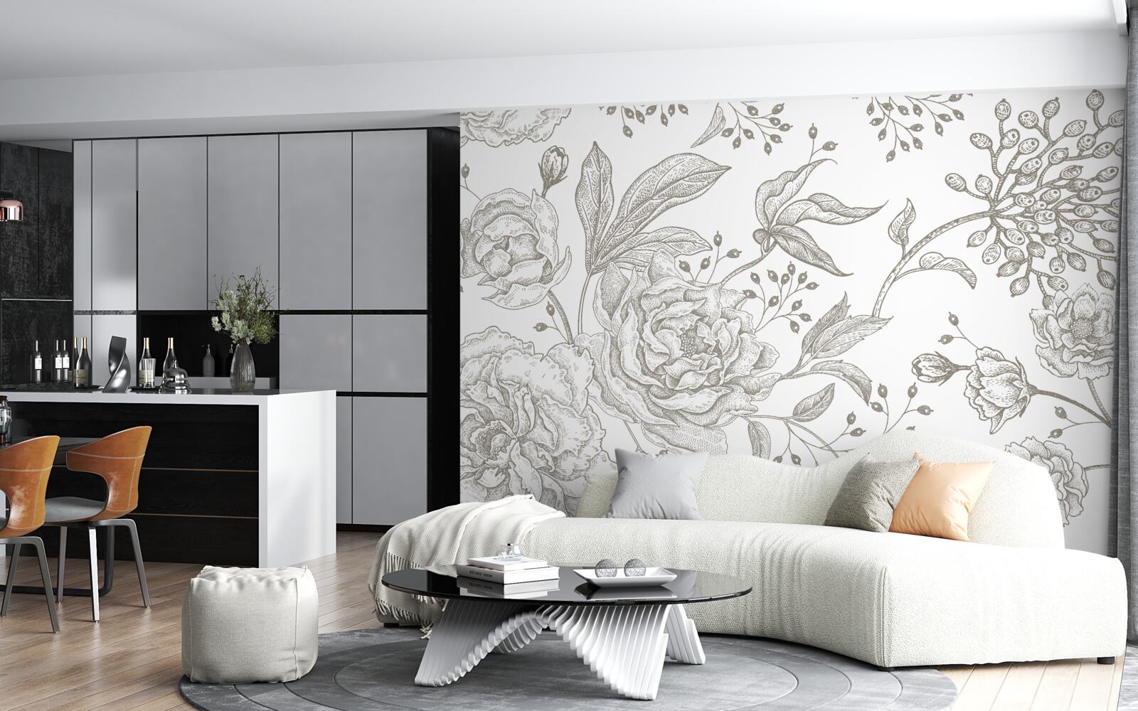 Papier peint la rose et les autres fleurs sont représentées sur un fond blanc