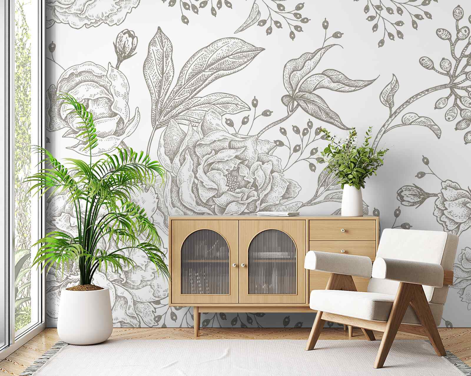 Papier peint la rose et les autres fleurs sont représentées sur un fond blanc