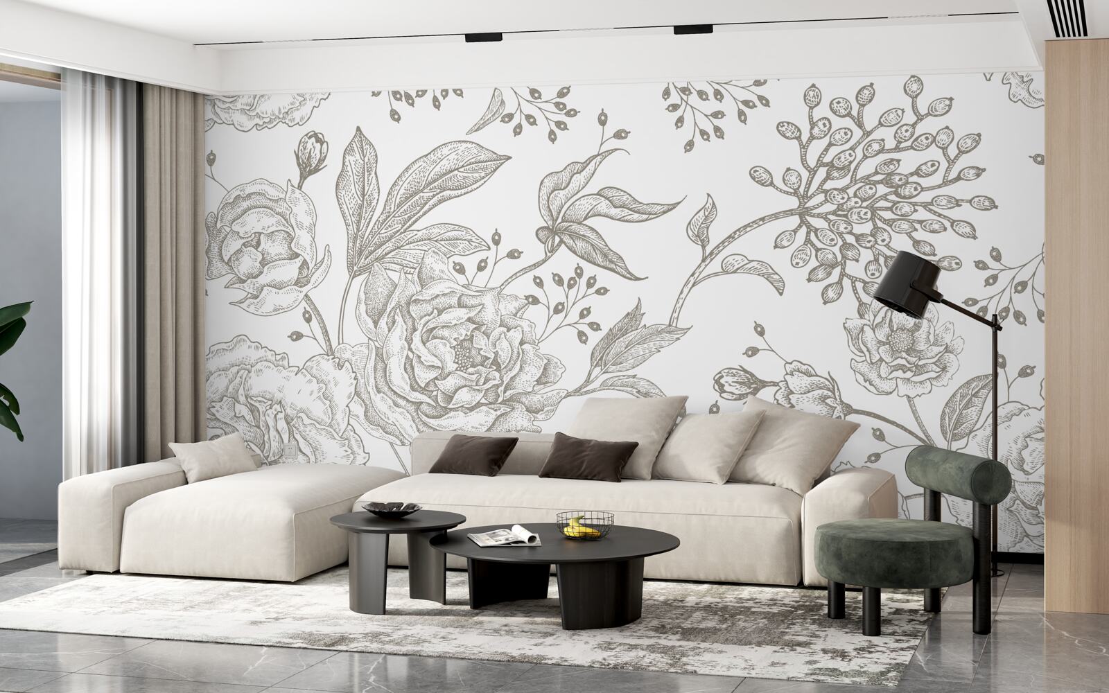 Papier peint la rose et les autres fleurs sont représentées sur un fond blanc