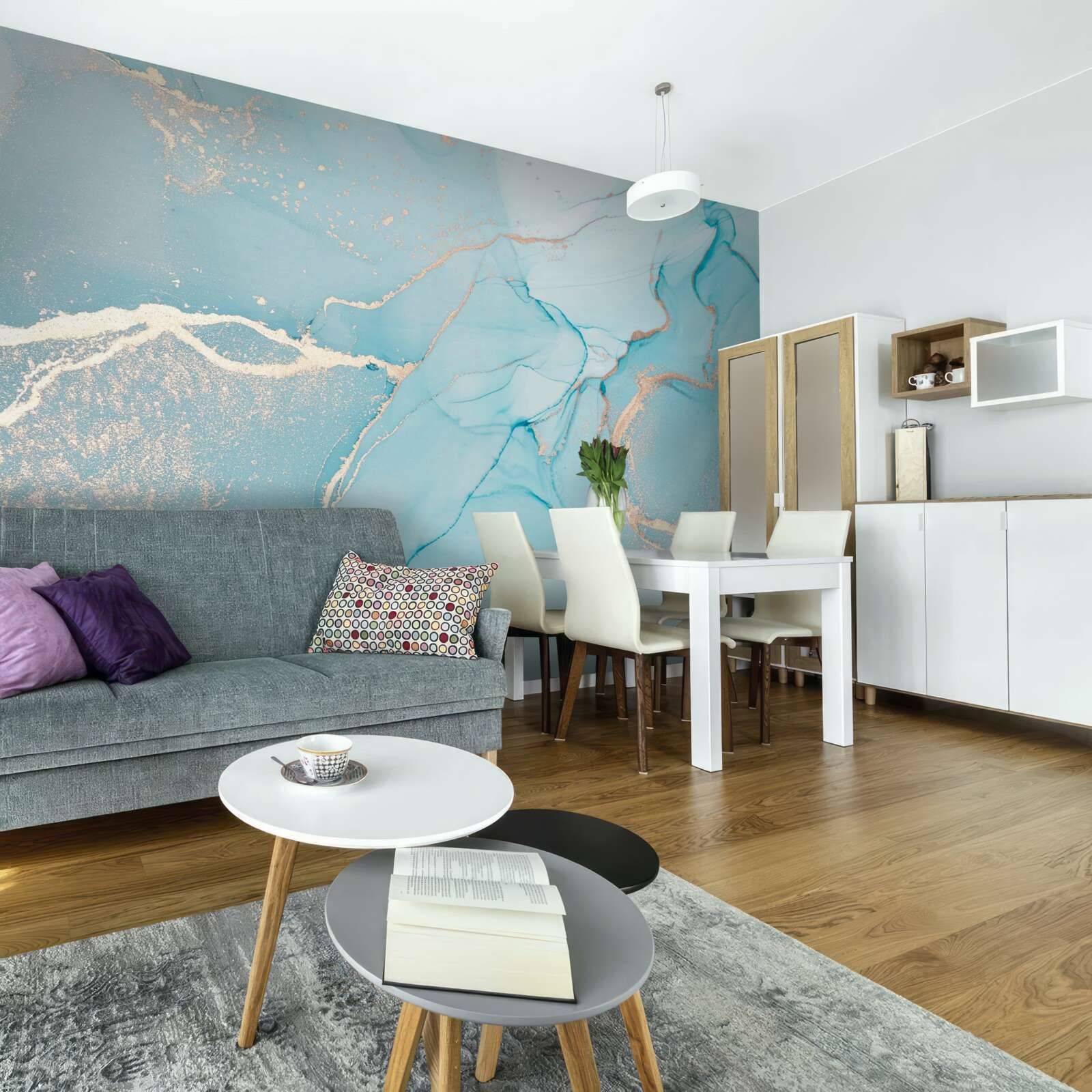 Papier peint marbre dans les tons bleu et turquoise