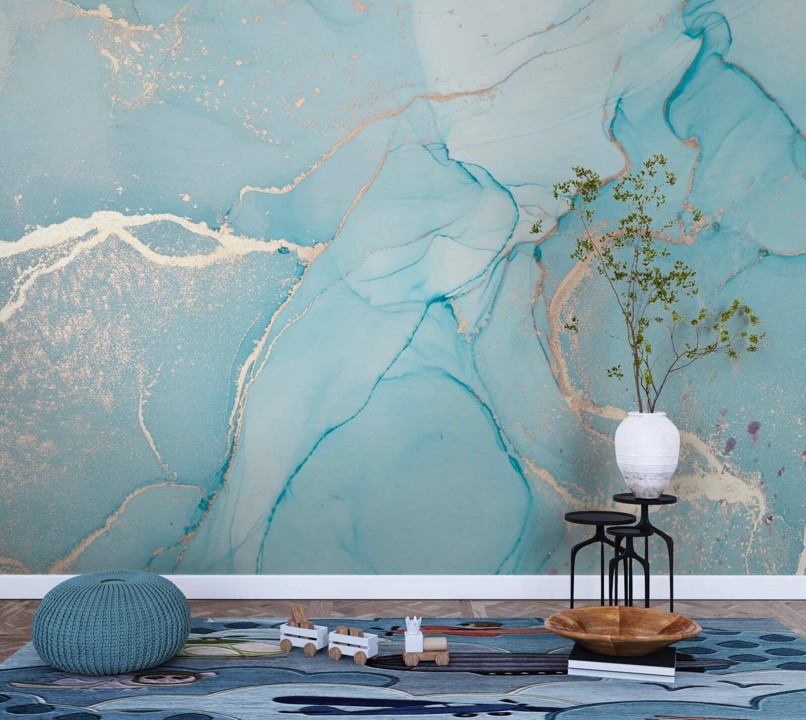 Papier peint marbre dans les tons bleu et turquoise