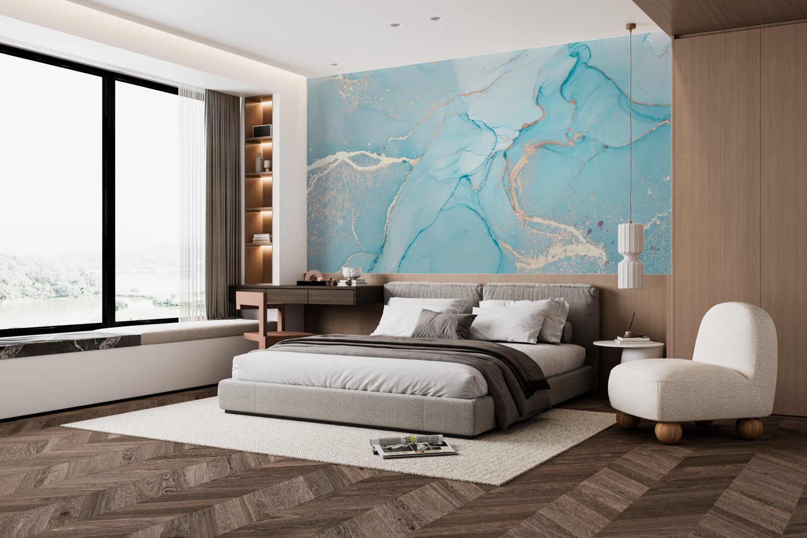 Papier peint marbre dans les tons bleu et turquoise