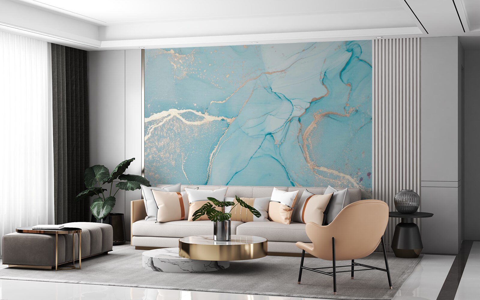 Papier peint marbre dans les tons bleu et turquoise