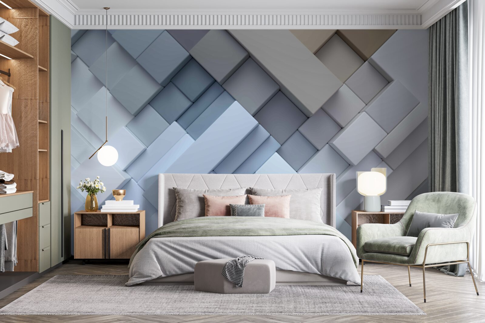 Papier peint peinture abstraite aux couleurs bleues avec une forme rectangulaire