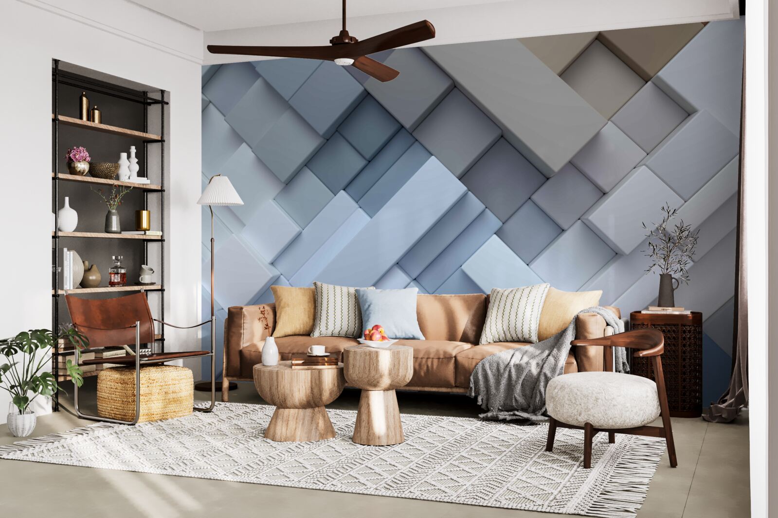 Papier peint peinture abstraite aux couleurs bleues avec une forme rectangulaire