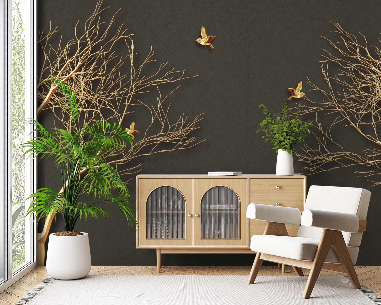 Papier peint arbres dorés et papillons contre l'obscurité du ciel nocturne