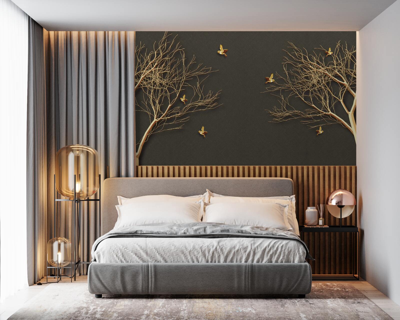 Papier peint arbres dorés et papillons contre l'obscurité du ciel nocturne