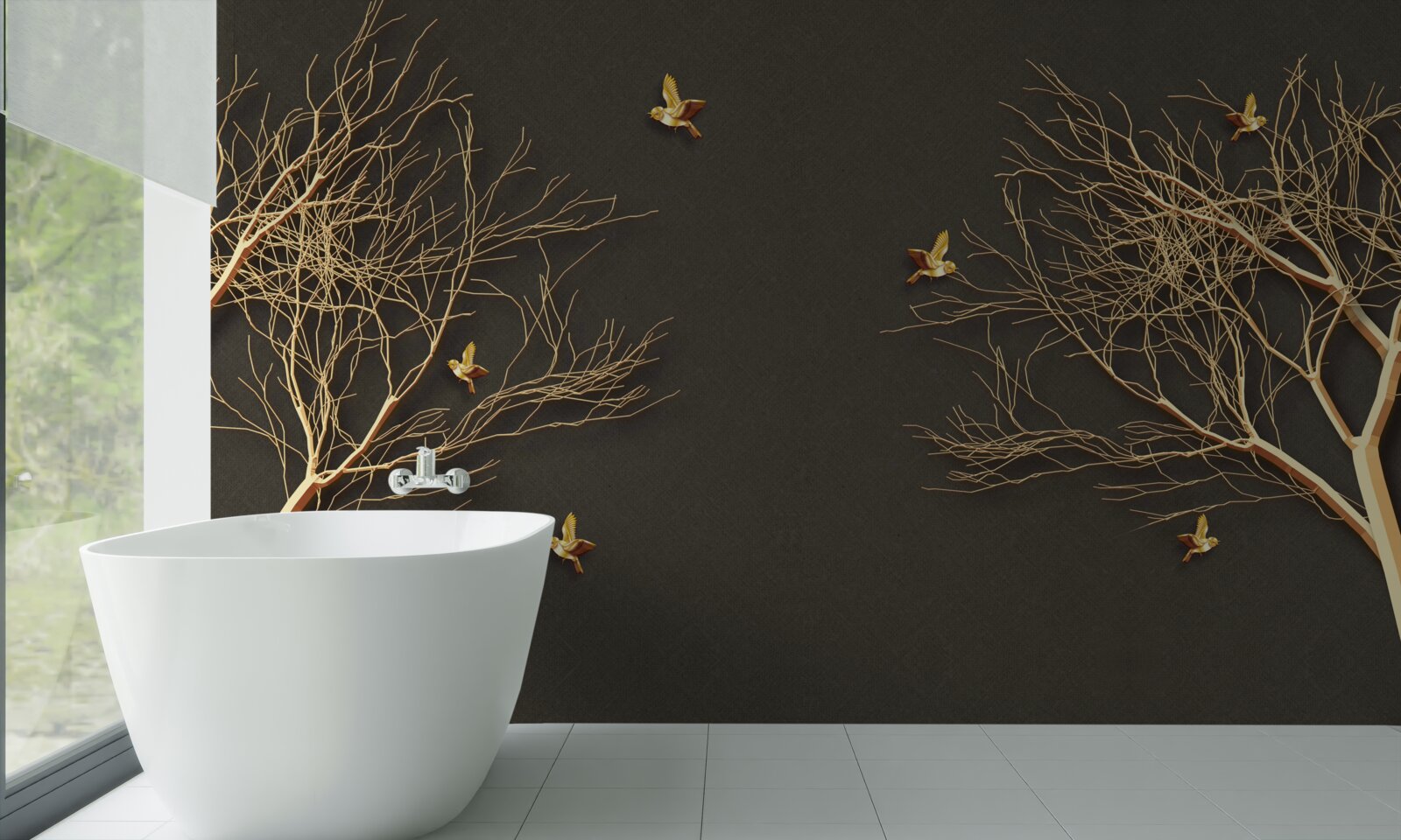 Papier peint arbres dorés et papillons contre l'obscurité du ciel nocturne