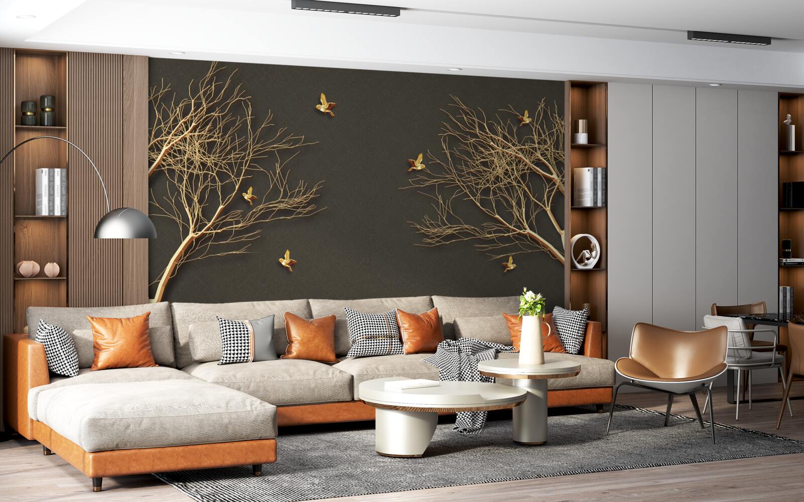 Papier peint arbres dorés et papillons contre l'obscurité du ciel nocturne